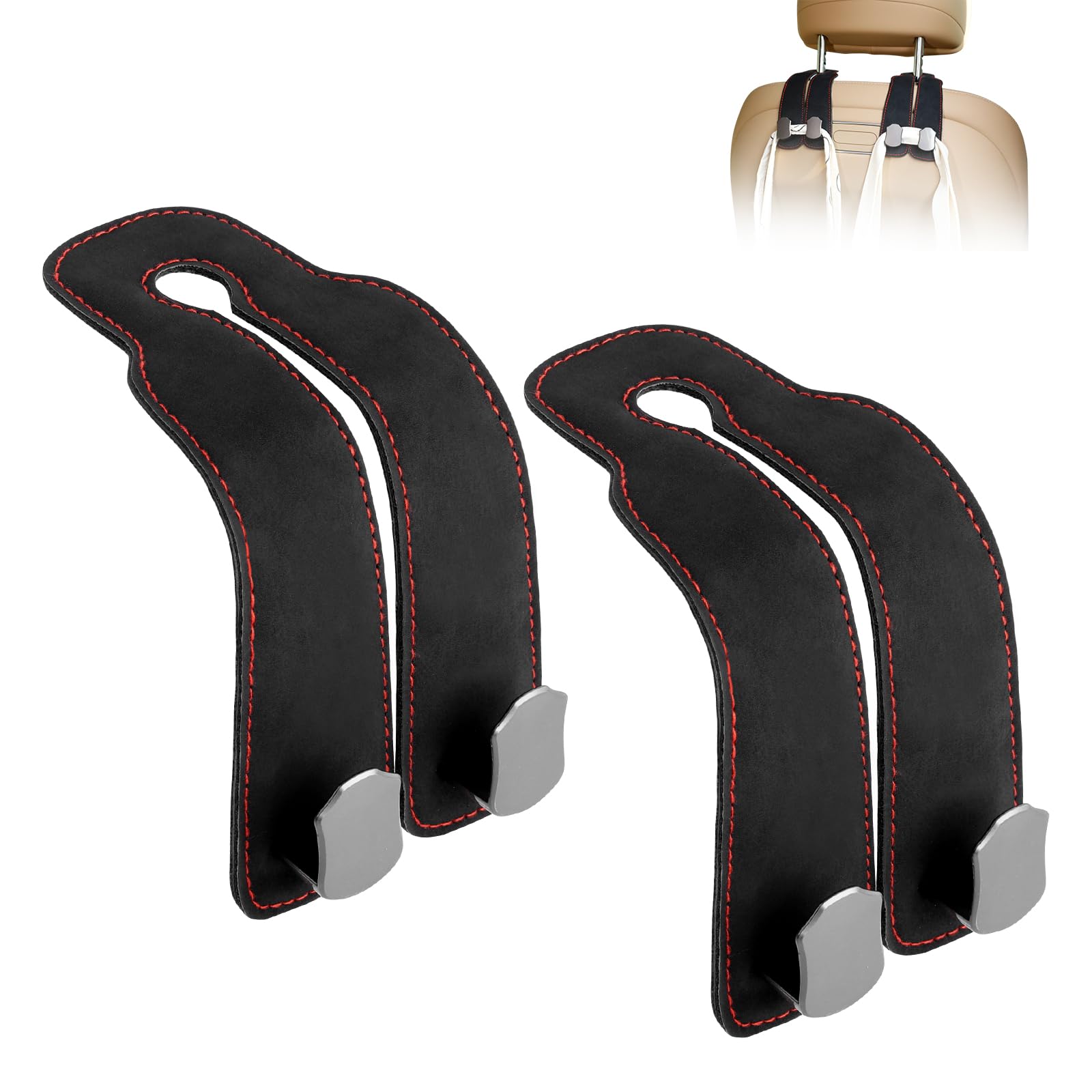 Kewucn 2 Ganci Per Poggiatesta Auto In Pelle E Acciaio Inox - Supporto Universale Per Borse, Buste E Oggetti, Fino A 20kg, Colore Nero - 2