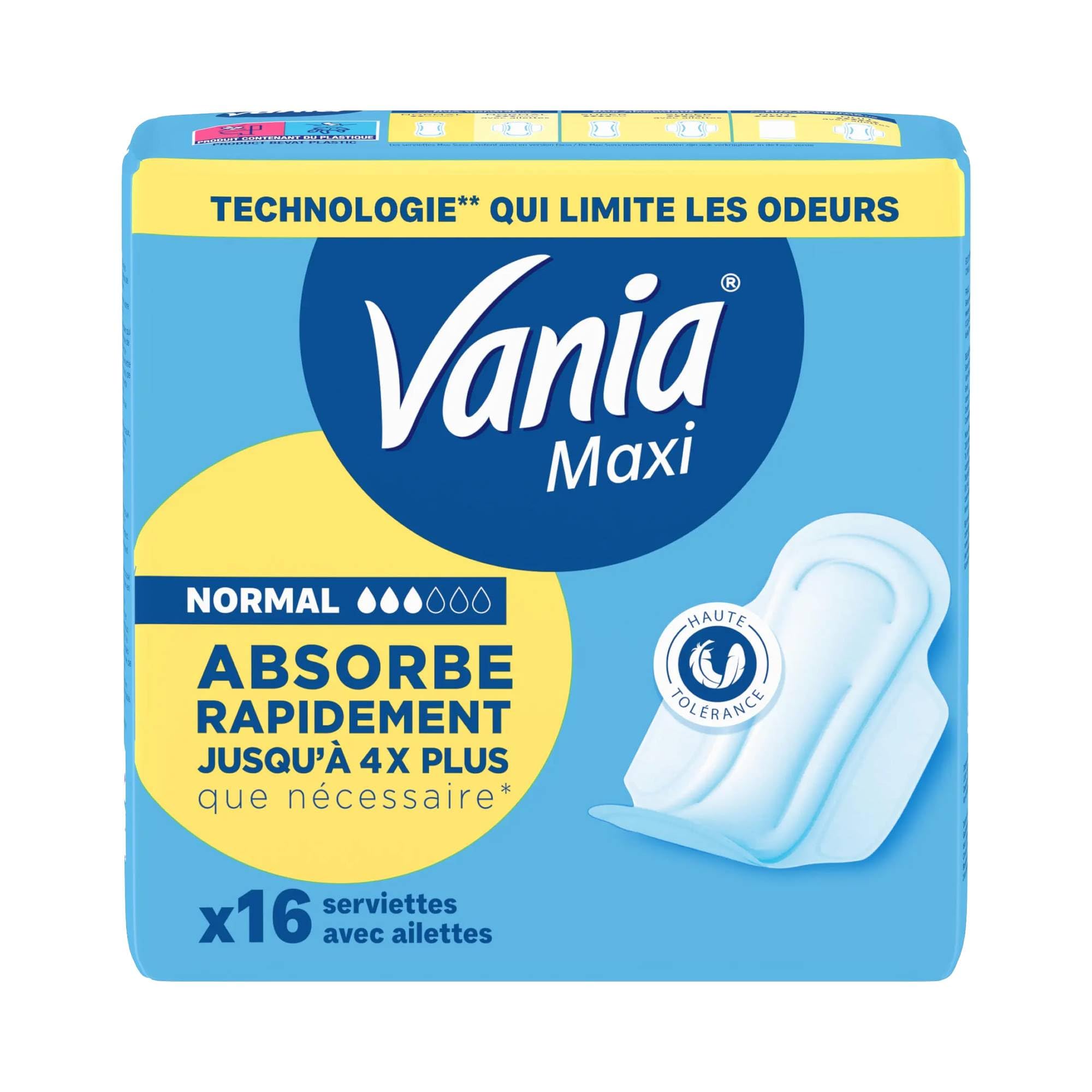 Vania – Serviettes Hygiéniques Maxi Normal (16 pièces avec ailettes) – Serviettes à absorption rapide haute tolérance – Protection périodique avec forme anatomique et 4 barrières protectrices