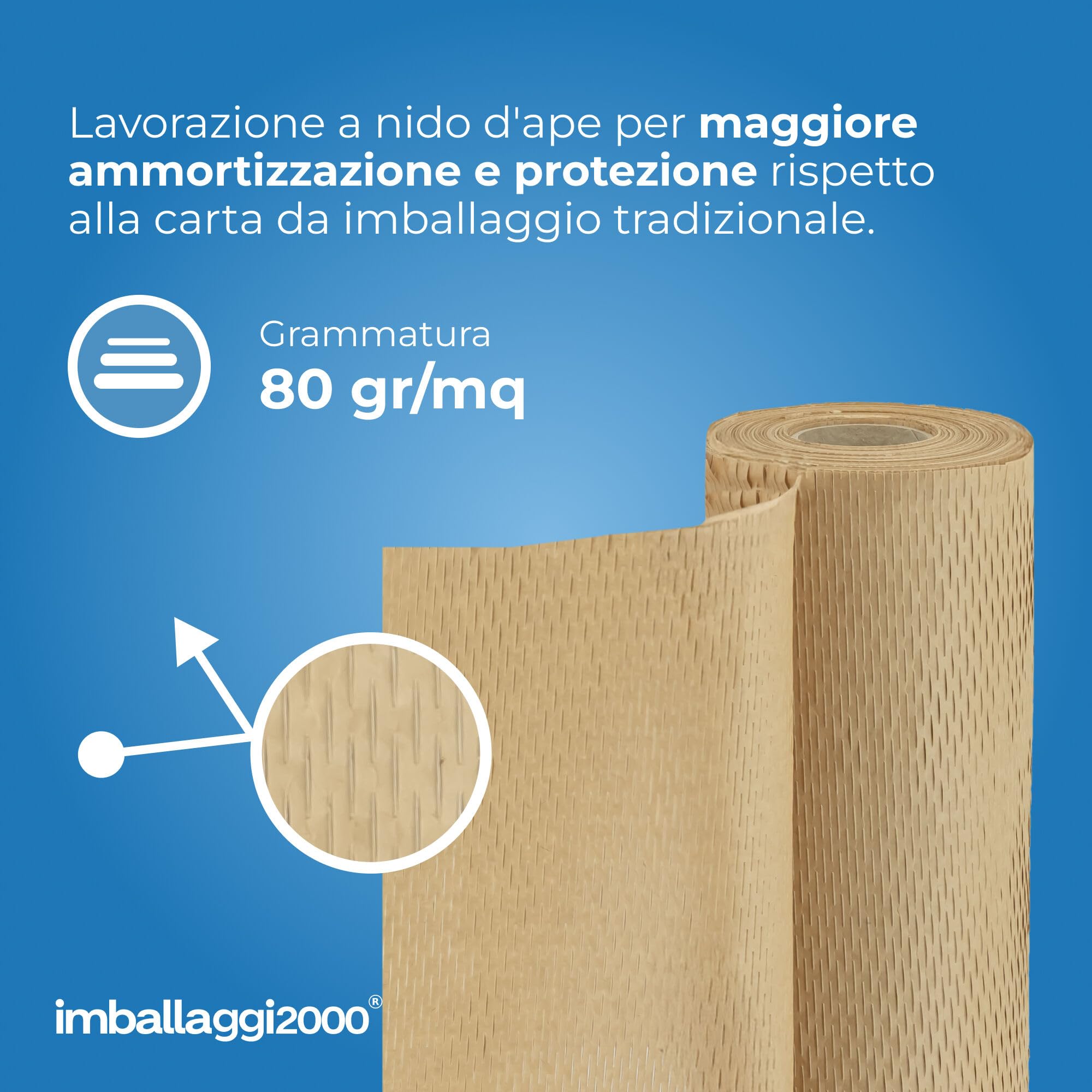 IMBALLAGGI 2000 - Carta Imballaggio a Nido d'Ape 3D 50Mx40 cm Altezza, 1 Pezzo, Rotolo Carta Alveolare per Alternativa Eco al Pluriball Imballaggio per Spedizioni a Bolle, Protezione Oggetti e Regali