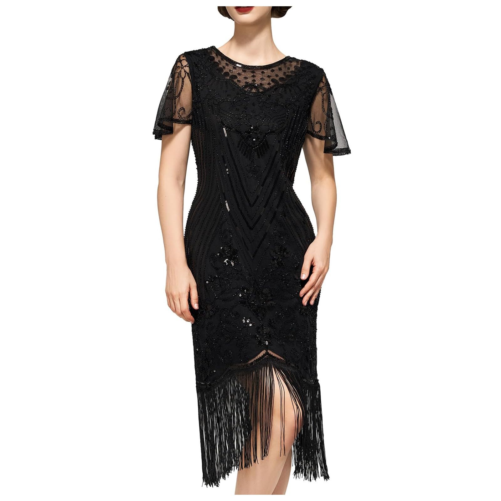 Generisch Robes années 1920 pour femme - Robe à franges et paillettes - Élégante robe de cocktail vintage - Robe en maille surdimensionnée pour fête Gatsby