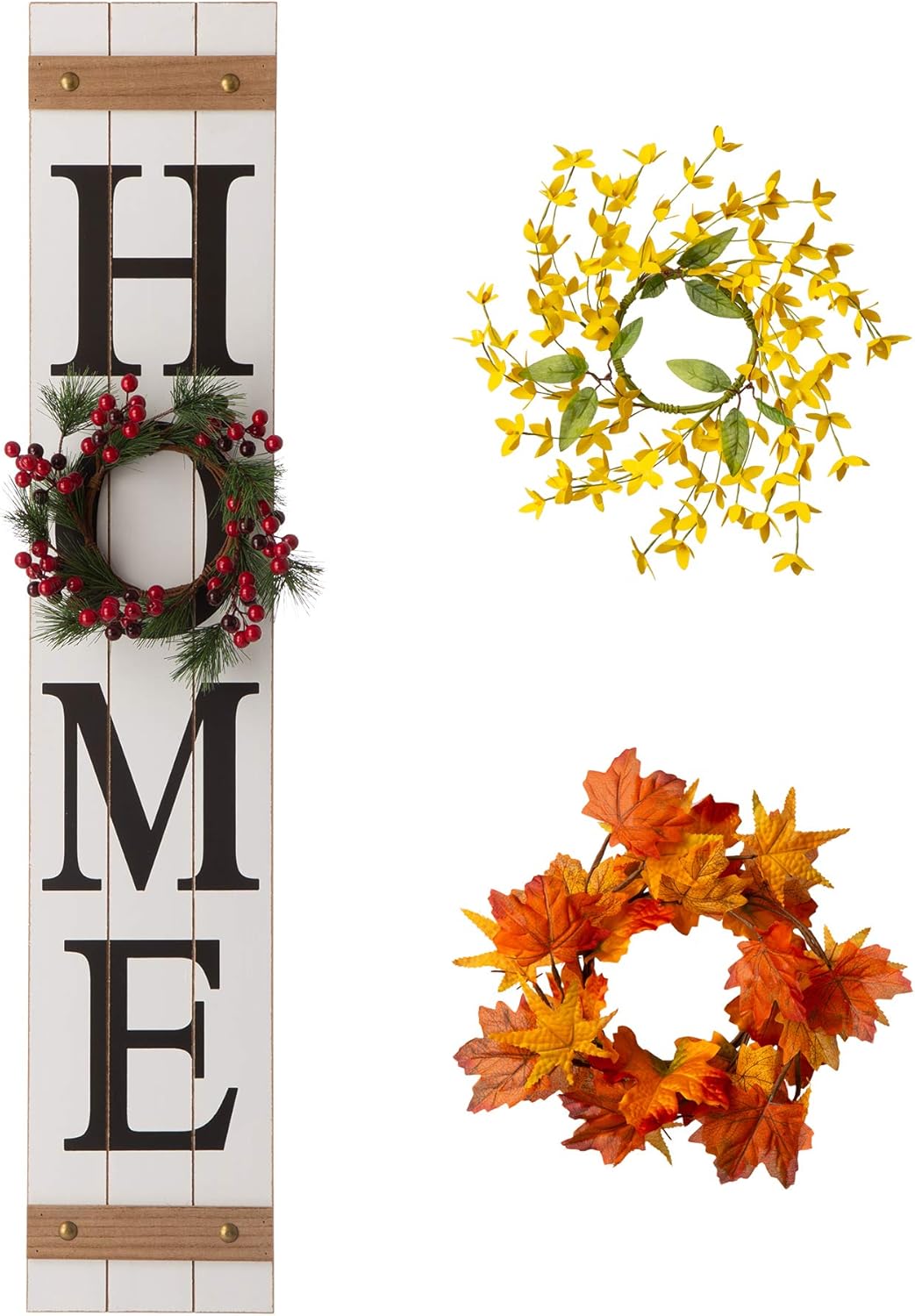 Glitzhome Welcome Sign for Front Porch Standing 42" White Interchangeable Wooden Sign with 3 Seasonal Wreaths, Christmas Winter Spring Porch Sign for Outdoor Door Decorations