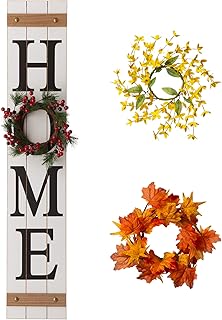 Glitzhome Welcome Sign for Front Door Porch Rustic Farmhouse Wooden Hanging Wall Sign with 3 Interchangeable Floral Wreath for Seasons Spring Summer Fall Harvest Thanksgiving Christmas, 42â€H,White