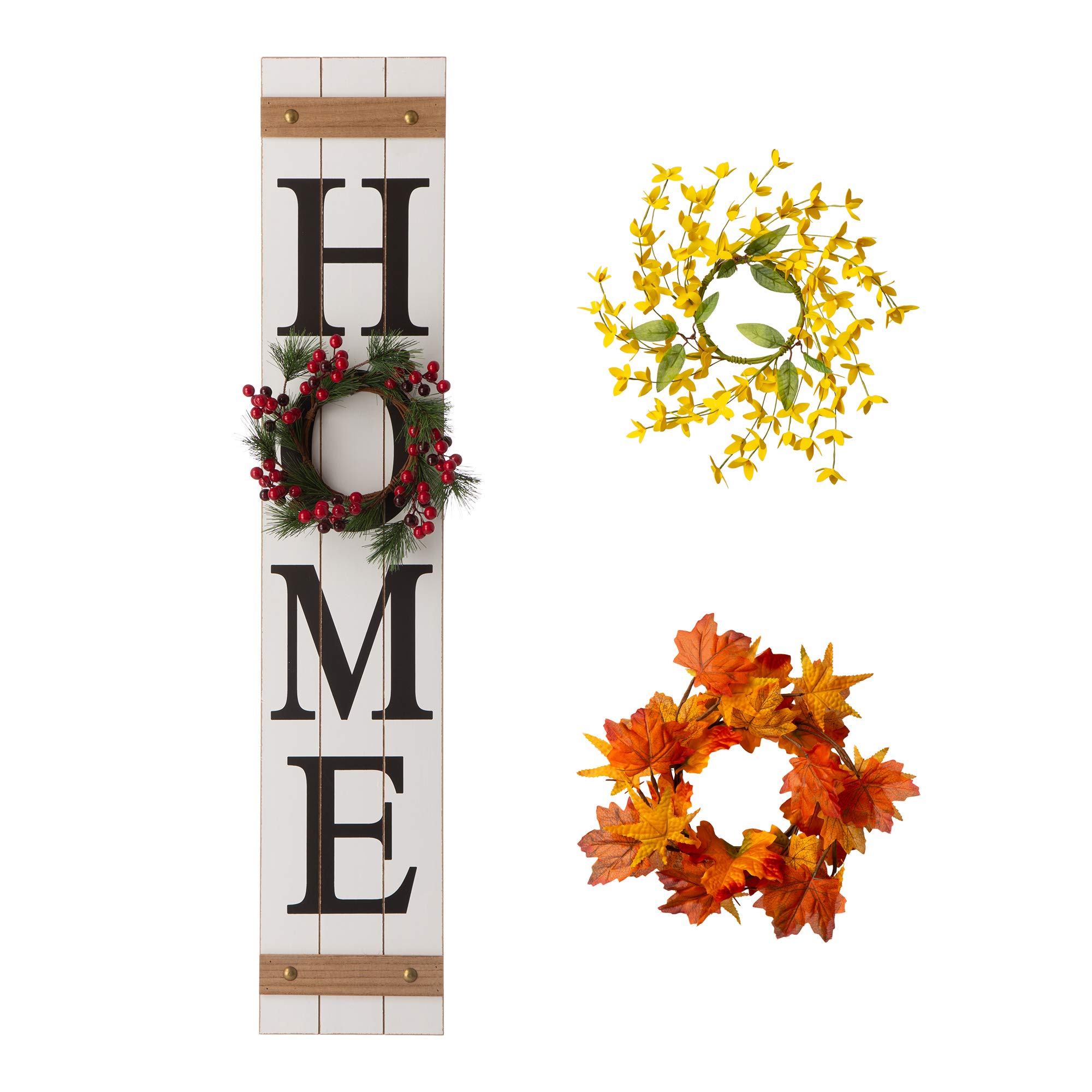 Glitzhome JK44369 Wooden Rustic Farmhouse Wall Hanging Porch Decor with 3 Changeable Floral Wreath, 42”H, Home Welcome Sign for Front Door, White