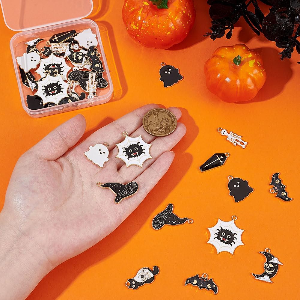 36Pcs Halloween Theme Pendants Alloy Enamel Charms 9 Styles Ghost Bat Skeleton Cat Charm Accessories for Bracelet Necklace Jewelry Making Earring DIY Craft Supplies Women Gifts - Image 3