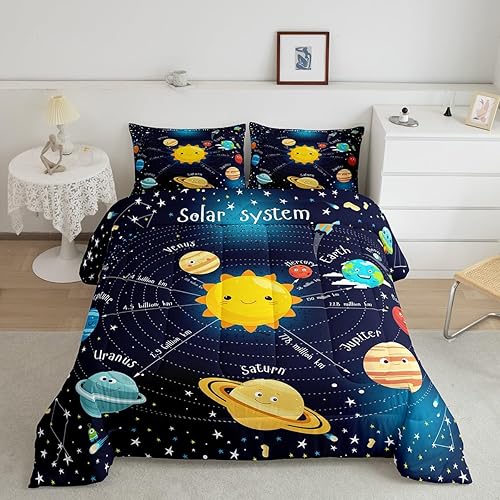 Erosebridal Outer Space Comforter Set Starry Sky Bedding Set Twin Size for Kids Boys Girls Room Galaxy Planet Space Duvet Sets Solar System Cartoon Down Comforter 2 Pieces with 1 Pillow Case, Blue