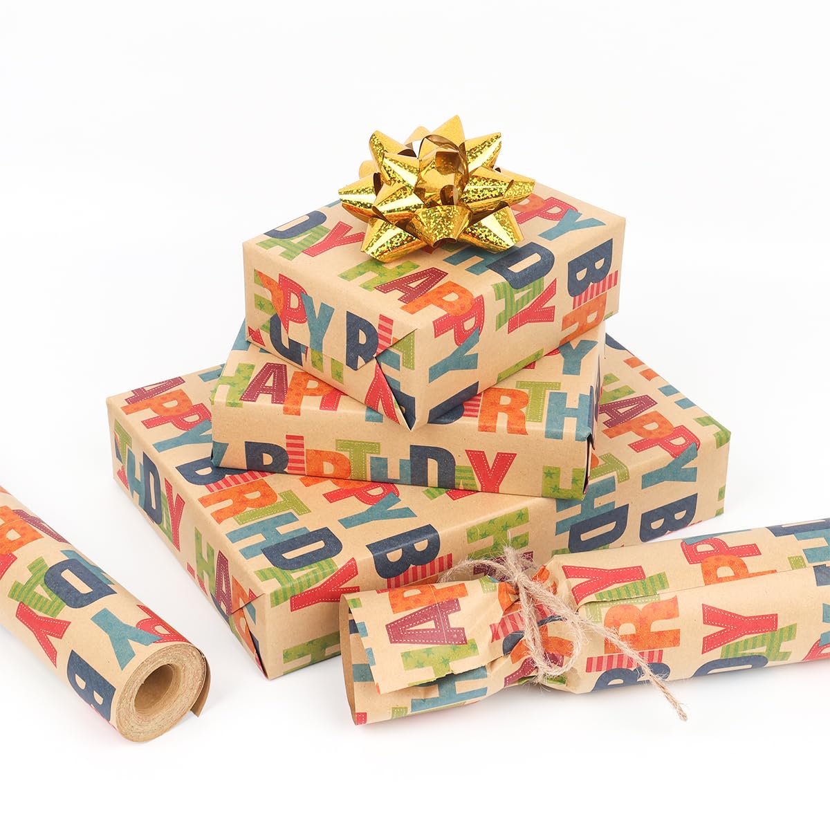 Rotolo Carta Regalo Compleanno Verde - 43x300 Cm, Kraft Marrone Con Scritta Happy Birthday - Per Ragazzi, Ragazze, Uomini E Donne - 2
