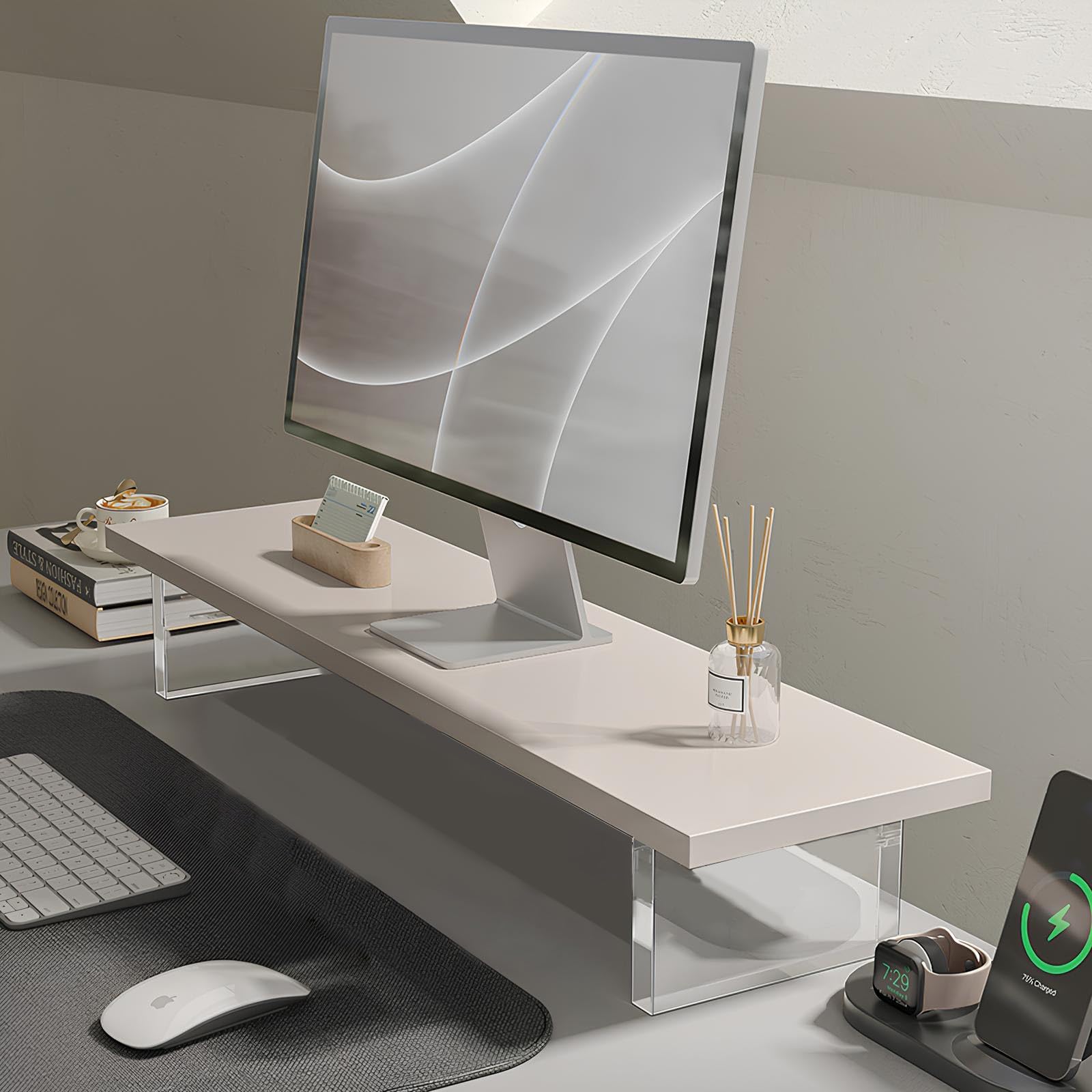 White Monitor Stand Riser, 60cm Wood Computer Stand for Desk