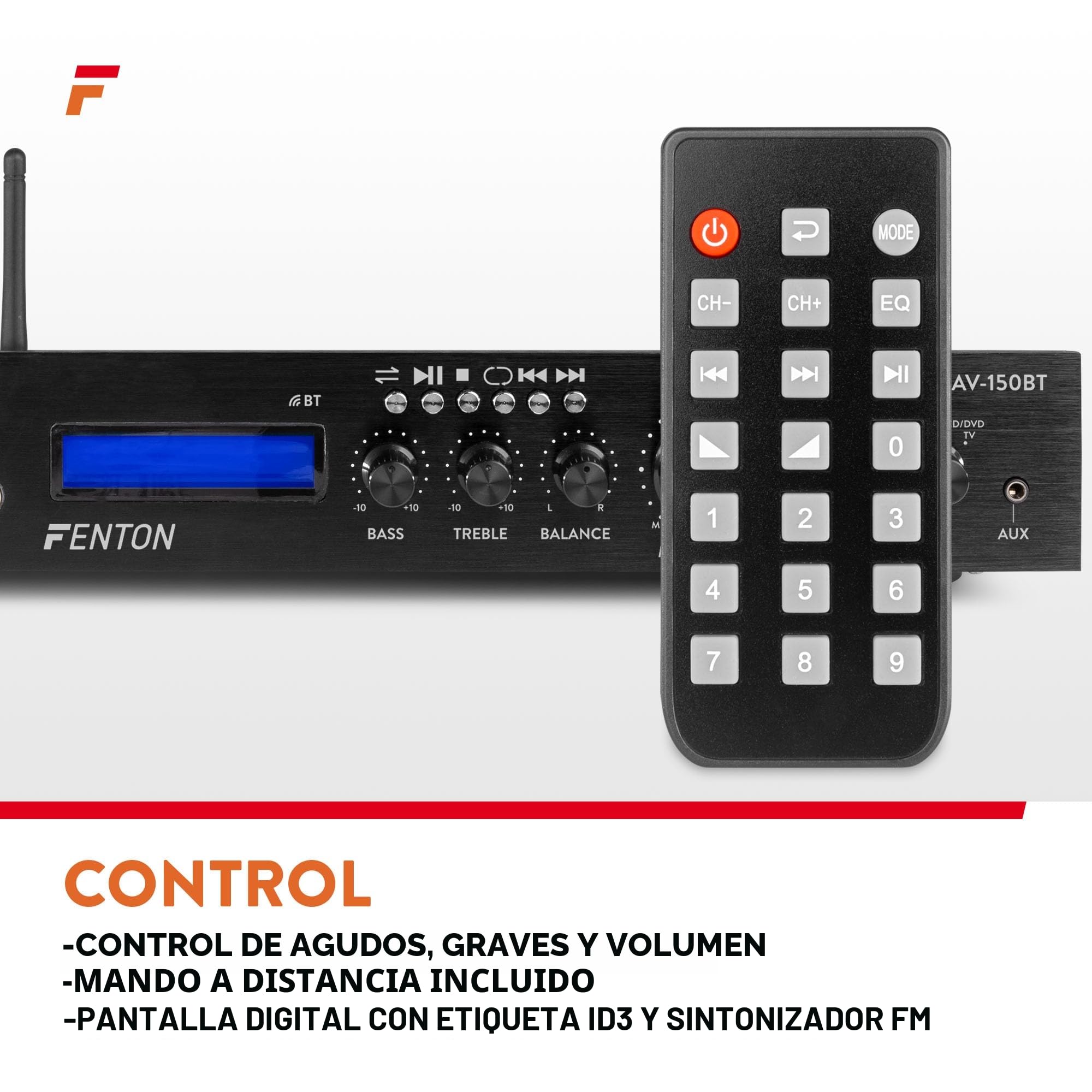 Fenton AV-150BT - Receptor Amplificador 5.1 con Bluetooth, 380 W, Radio FM, MP3, SD y Puerto USB, conexión para 2 micrófonos con Efecto Eco, Amplificador 5.1 para Cine en casa y Karaoke - Negro