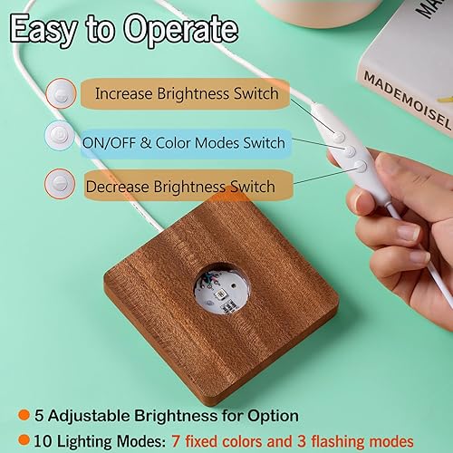 Miniatura 3 de IFOLAINA Base de luz LED de madera para arte de cristal de esfera de cristal, soporte de lámpara de madera, base de pedestal cuadrado multicolor con