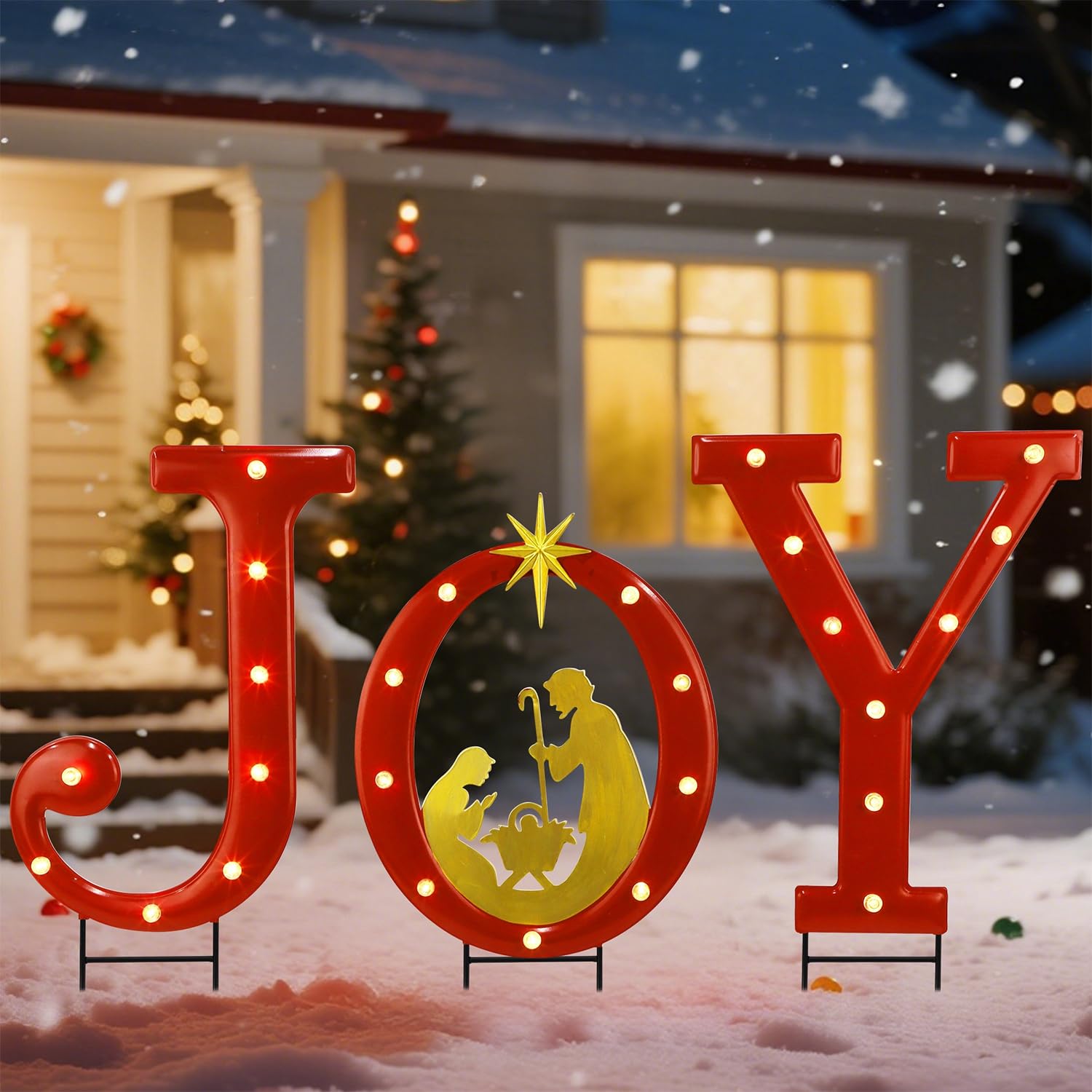 Hausse Decorazioni natalizie illuminate per esterni, a energia solare, set di presepi religiosi in metallo, decorazione religiosa con paletto, per casa, inverno, Capodanno, vacanze, giardino, patio