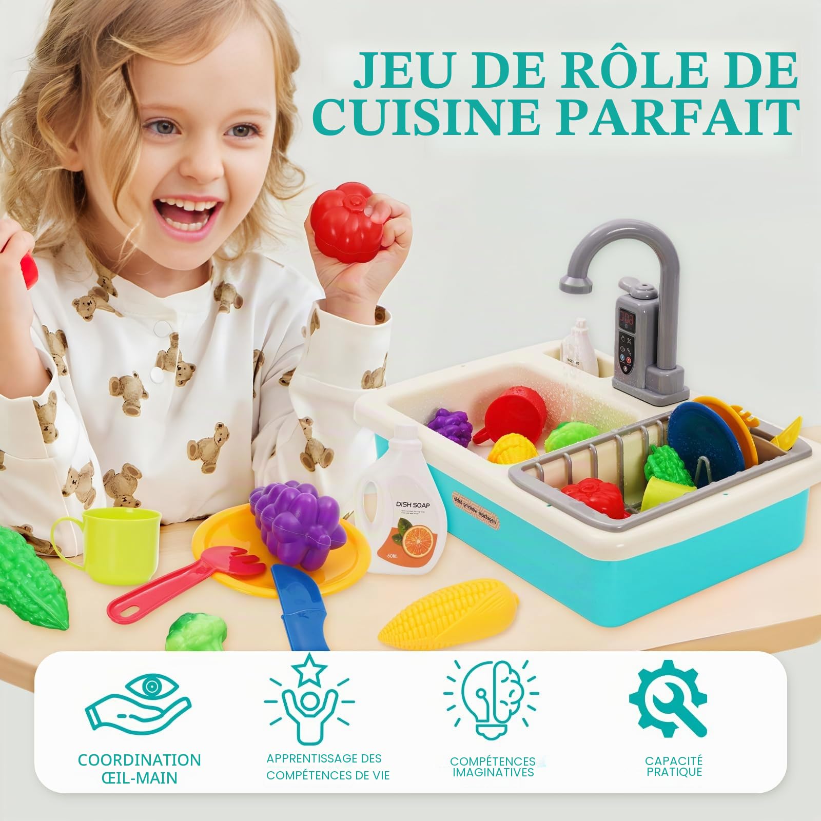 Jouets d'évier de Cuisine pour Enfants de 1 an,Cuisine pour Enfant avec Système d'eau Courante,Jeu de Nourriture et Jeu de Découpe pour Garçons et Filles de 3,4,5,6,7 Ans（Vert）