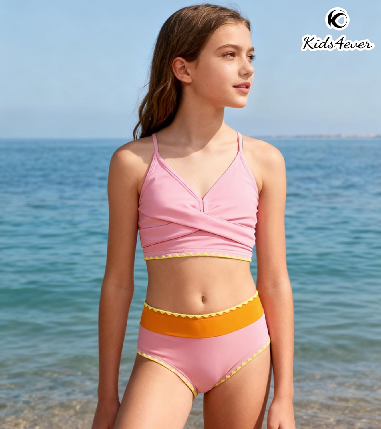 Kids4ever Girls Swimsuit 2 Piece Color Block Teen Bikini Sets with Adjustable Straps Bathing Suit Size 9-16Y - Image 4