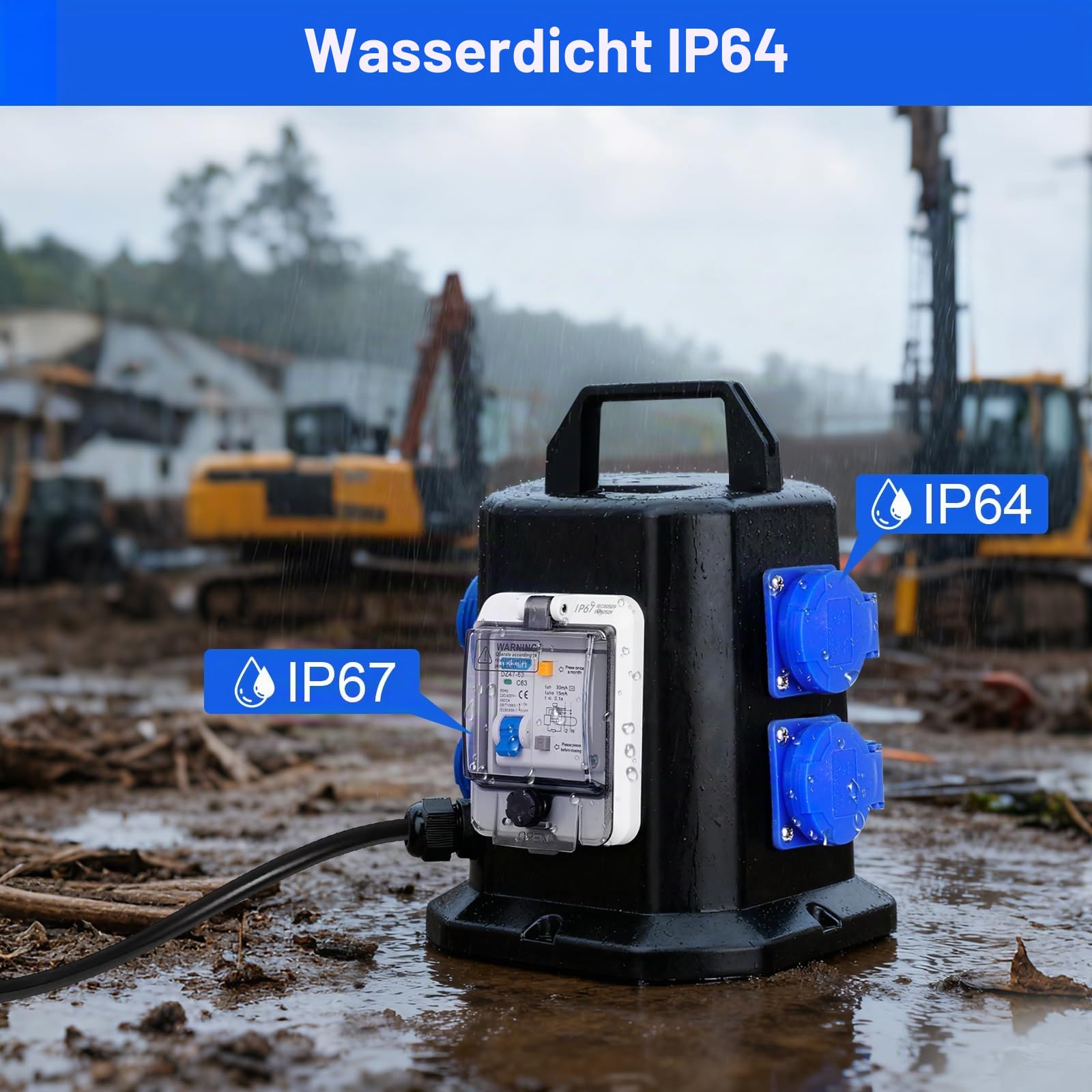 Tragbarer Stromverteiler mit Schuko Steckdose 250V/16A Mobiler Adapter,Wasserdicht IP45 Verteiler – Ideal für den Bau und den Außenbereich