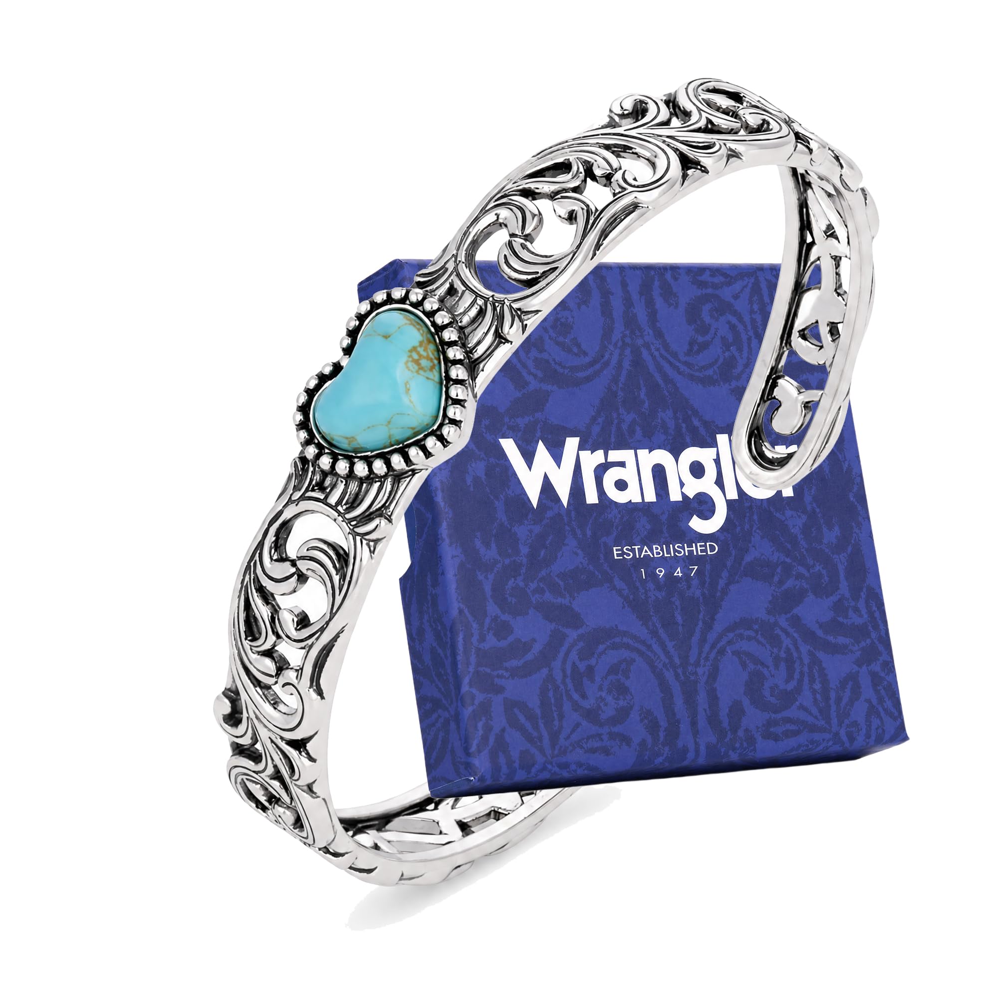 Wrangler Turquoise Cuff Bracelet, Carved Floral Western Jewelry for Women | Turquoise Jewelry for Women, Antiqued Copper Open Bangle, Polished Vintage Floral Carving, Comfortable, Wrangler Gift Box