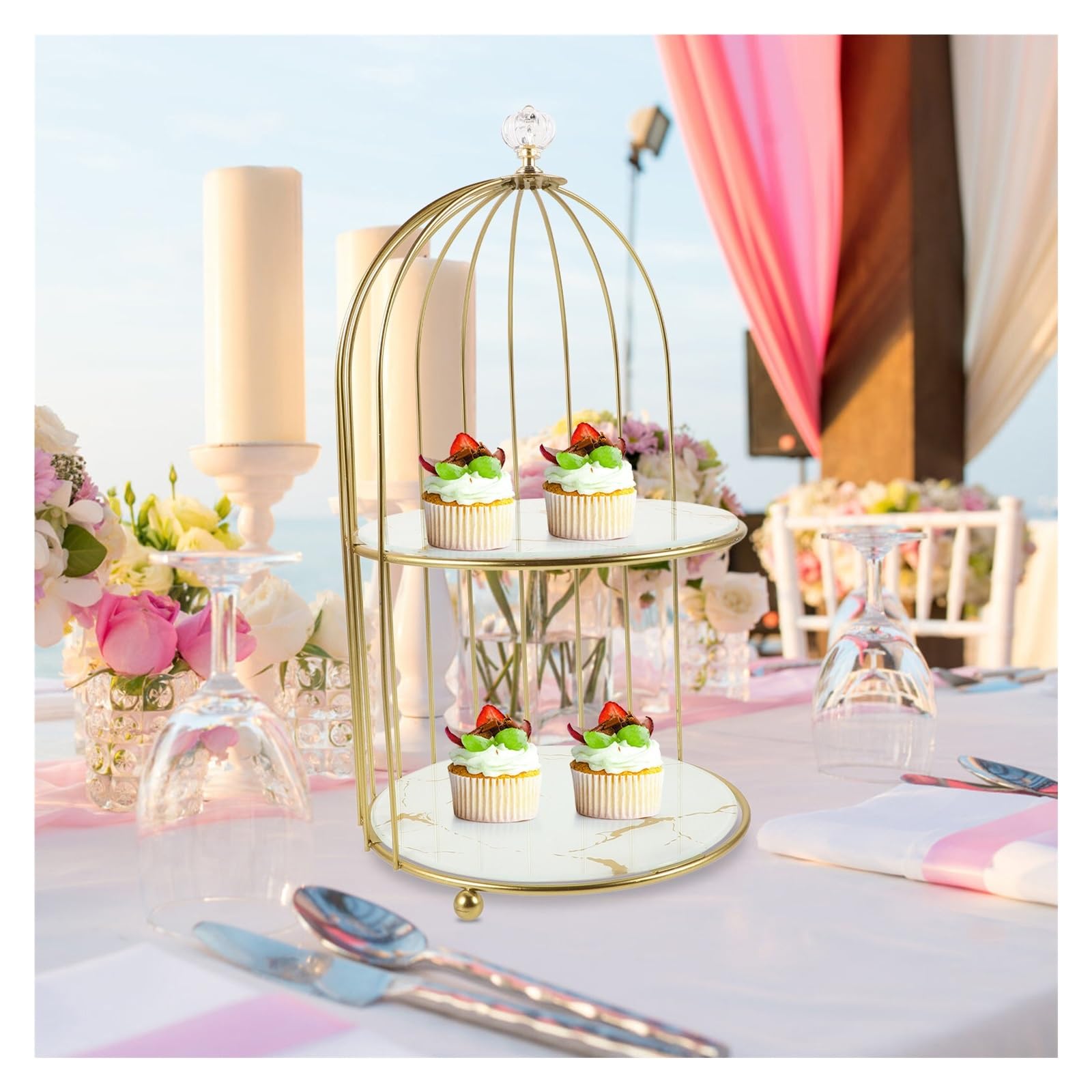 Espositore for dessert con gabbia for uccelli in metallo dorato, for matrimonio, compleanno, doccia, tè pomeridiano, pasticceria, frutta, cupcake