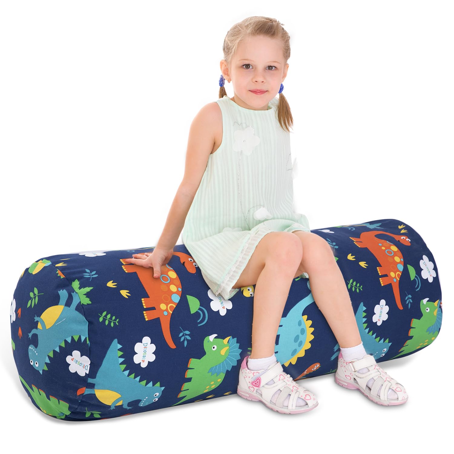 SANFERGE Stuffed Animal Storage Bean Bag Chair Cover (No Filler), Cylinder Plush Toy Storage Stuff and Sit Seat for Kids Boys and Girls, Canvas Large