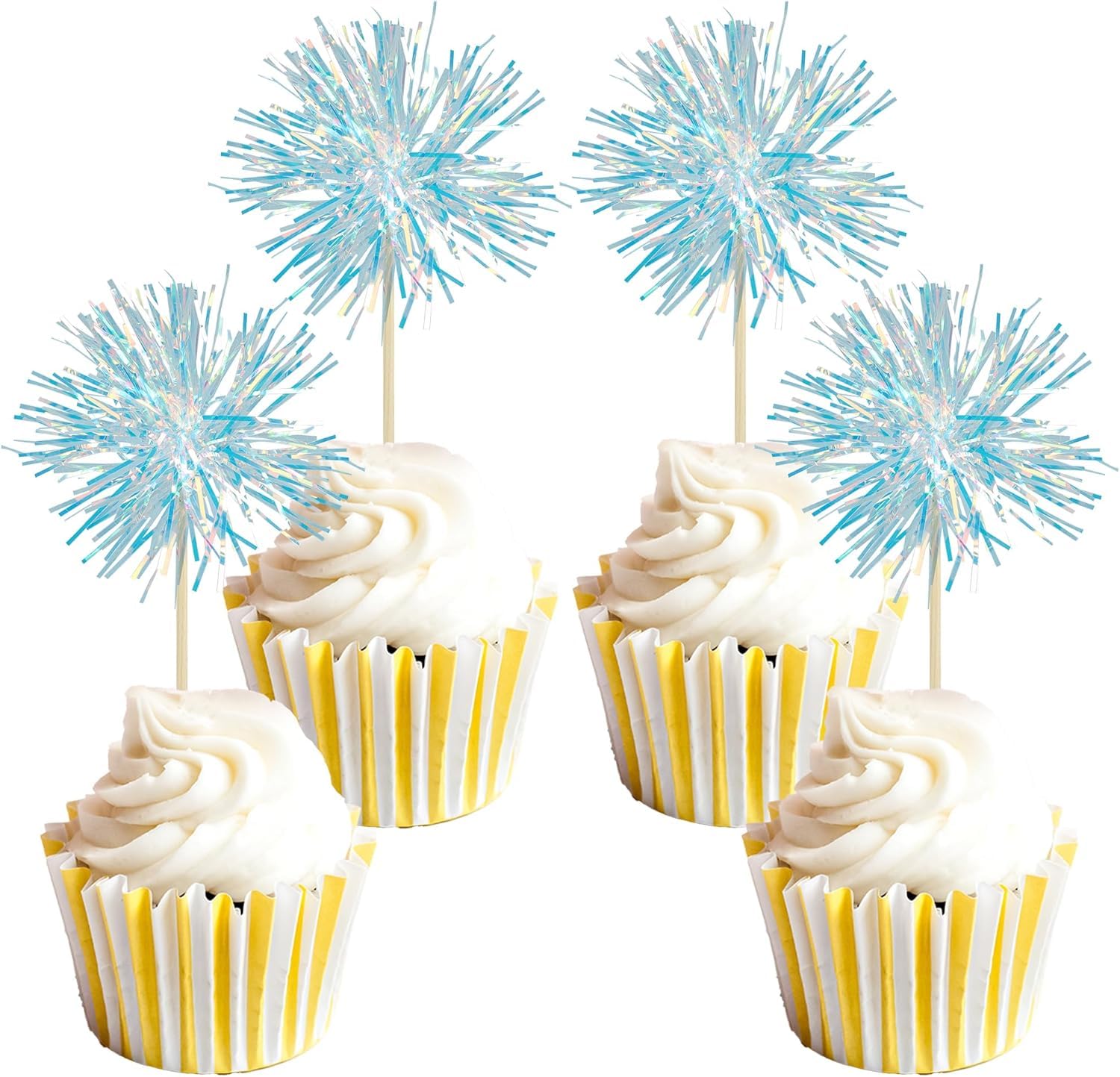 Nymora 30Pcs Foil Firework Cupcake Toppers Sparkle Tinsel Cake Toppers Tinsel Drink Cake Decoration Cocktail Picks for Birthday Wedding Graduation Party Supplies Laser Blue