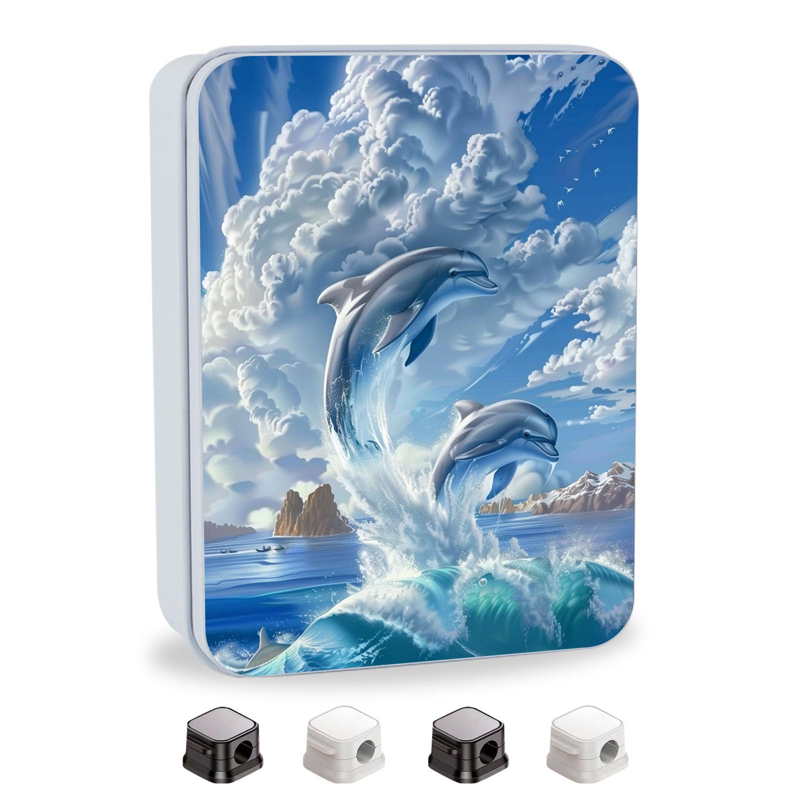 Metal Tin Box with Lid,Multi-functional Storage Large Box Can Store Tea Biscuits Game Cards, Playing &amp; Tarot Cards-Comes with 4 Magnetic Cord Clips,Cute Dolphins