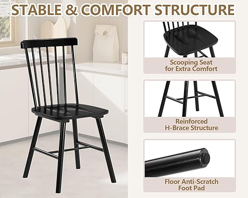 Miniatura 6 de PrimeZone Windsor - Juego de 4 sillas de comedor de madera maciza de goma con respaldo de husillo, silla de comedor lateral moderna de mediados de