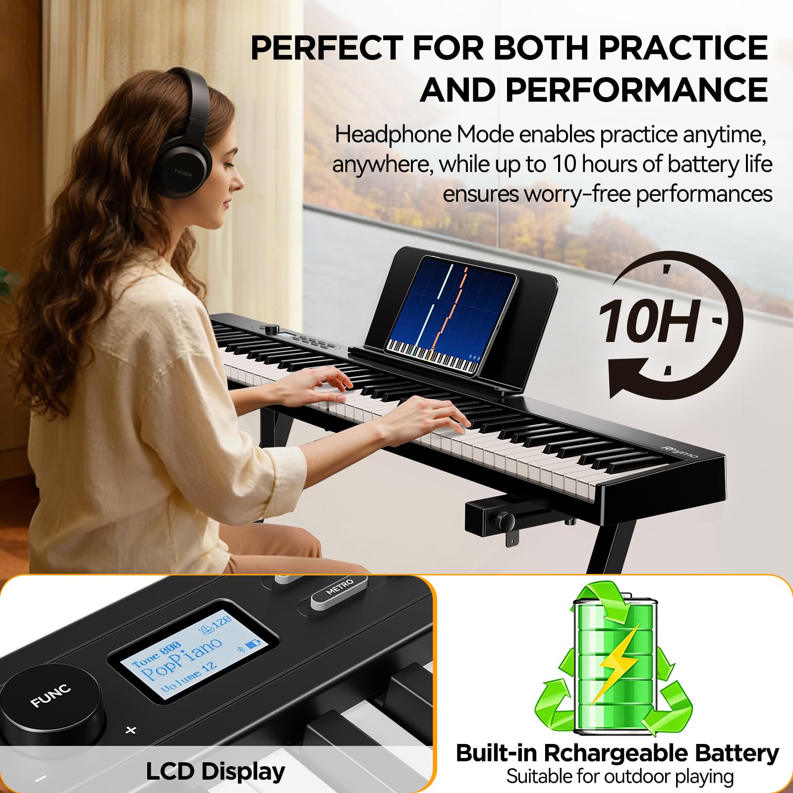 Rhymo Faltbares E-Piano 88 Vollgröße Halbgewichtet, Bluetooth MIDI | Integriertes Metronom, Split & Dual-Tone für Anfänger & Erwachsene mit Tragetasche