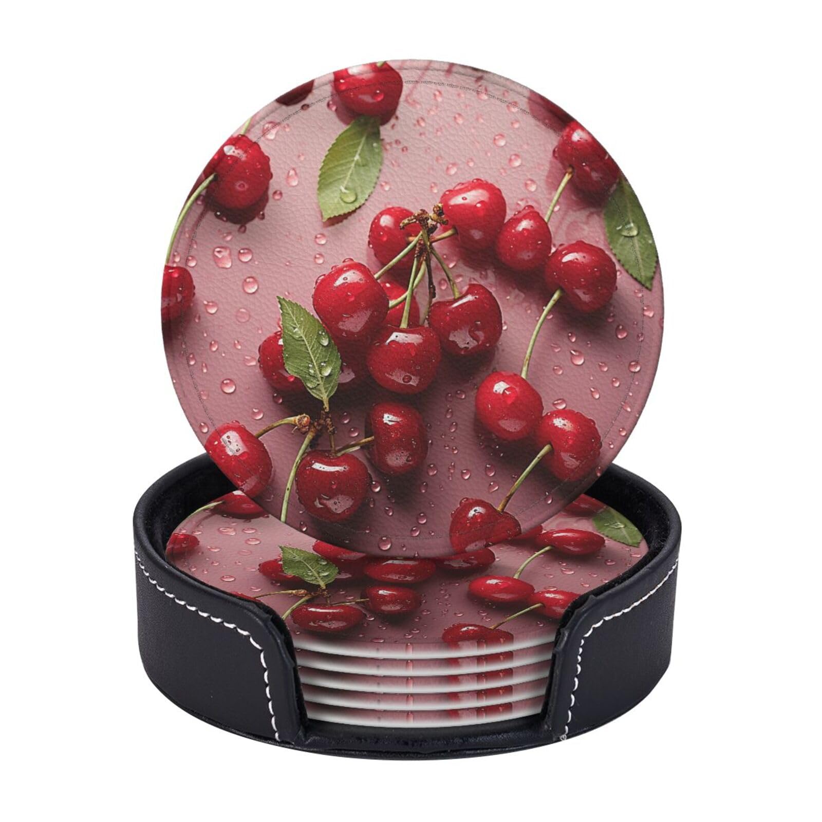 Leather Coasters for Drinks Set of 6, Lovely Sweet Red Cherry Coaster with Holder,Non-Slip Cups Mugs Mat Pad Funny Round Coasters for Tabletop Protection Desk Accessories Office Home Room Decor