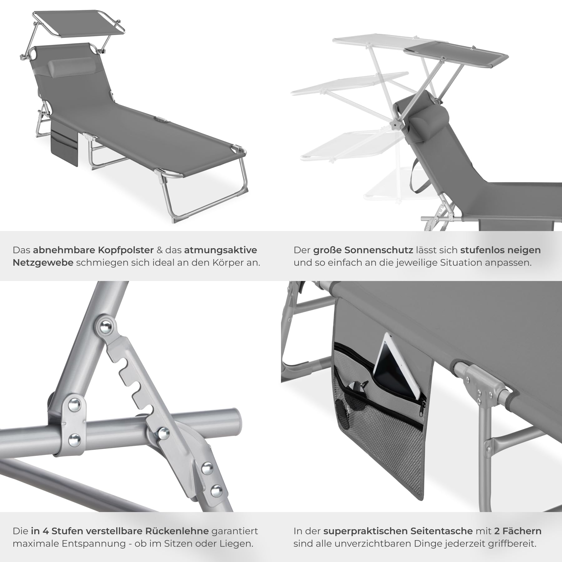 tectake® 2er Set Sonnenliege klappbar und tragbar, Liege mit Seitentasche, Strandliege, Gartenliege mit Dach, Liegestuhl mit Verstellbarer Rückenlehne, Kopfkissen - für Balkon, Terrasse (grau)