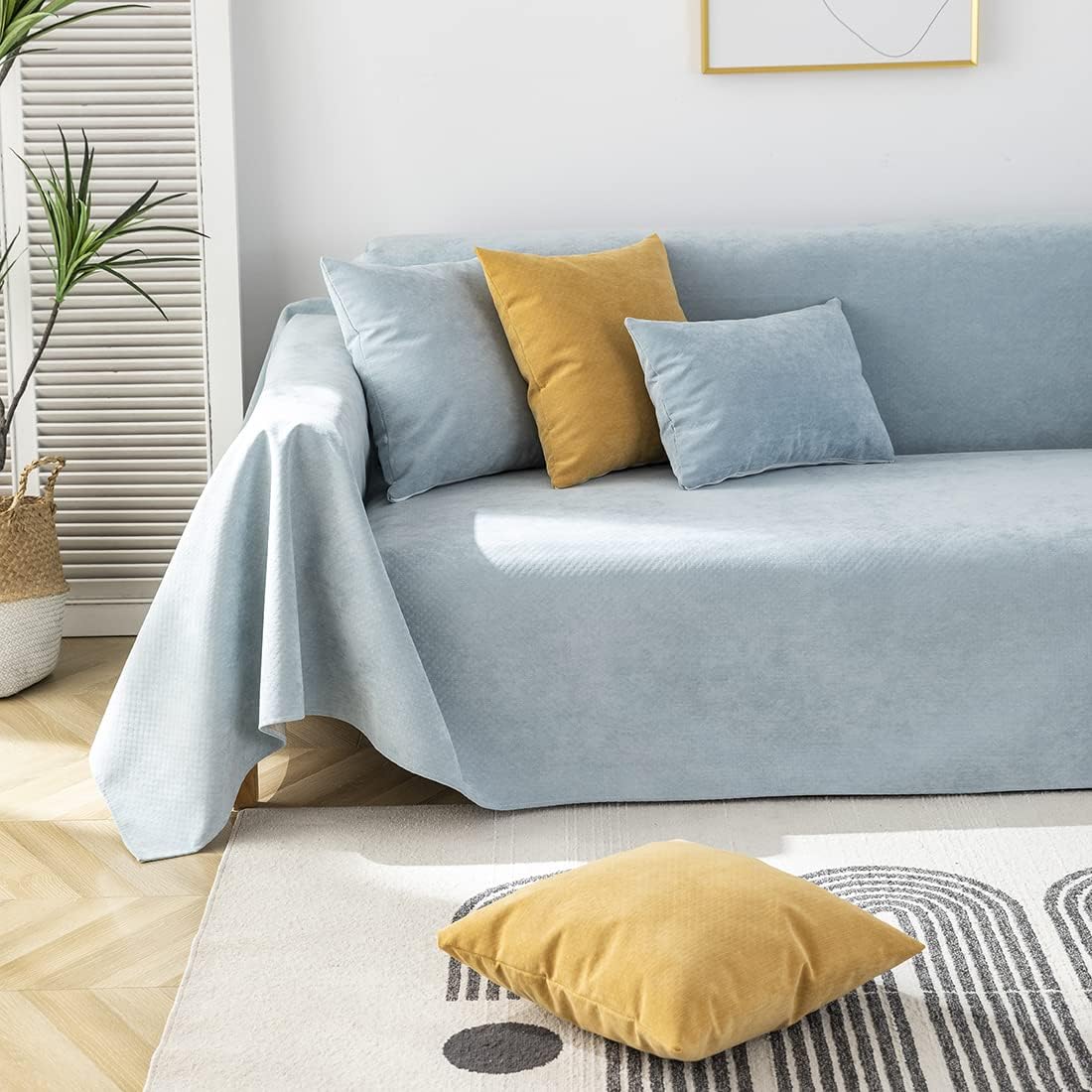 Farmhouse Sofa Cover Solid Color Couch Covers Non Slip Thick Medium Sectional Couch Cover for Living Room Couch Protector for Dogs Pet (Light Blue,70"x90")