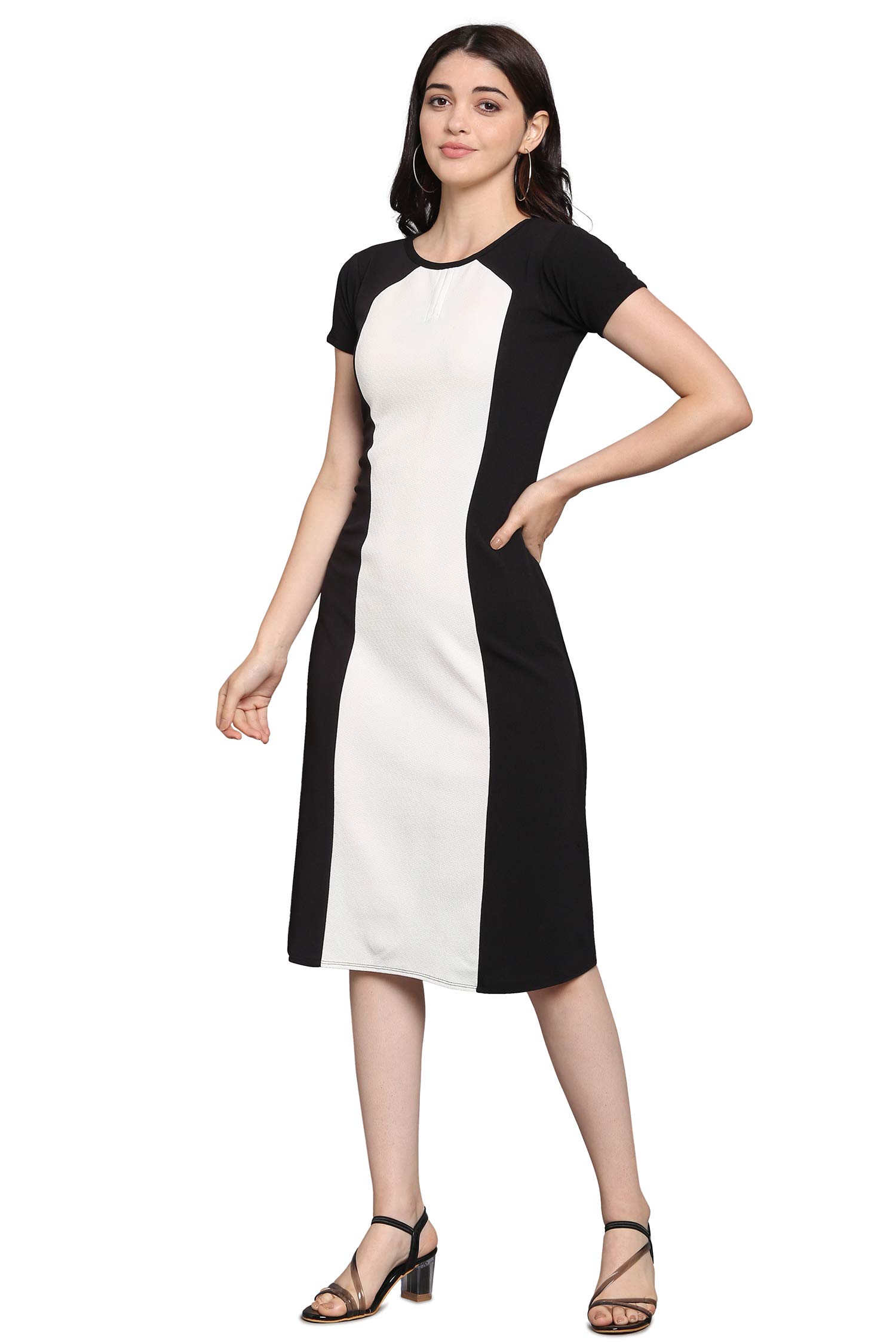 Purvaja Womens Fit & Flare Dress(Lucy-051-Wh-Bl_White-Black_Medium)