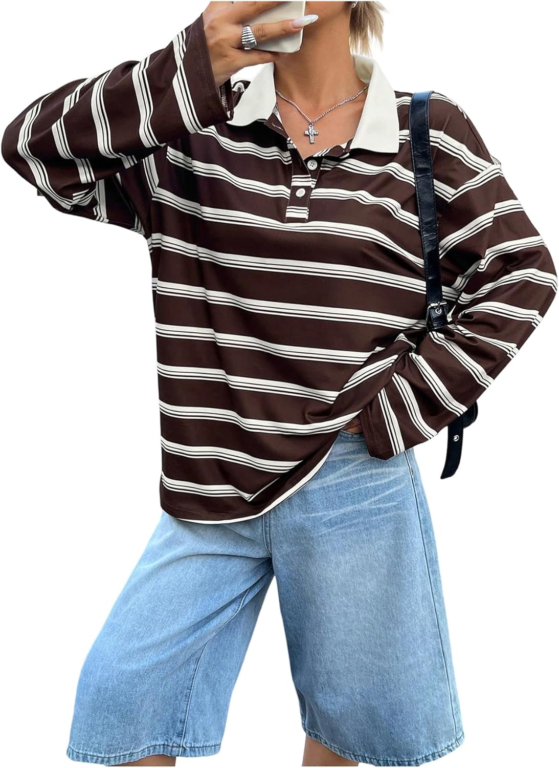 Women's Oversized Striped Tshirts Long Sleeve Collared Button Up Golf Shirt Casual Preppy Tops