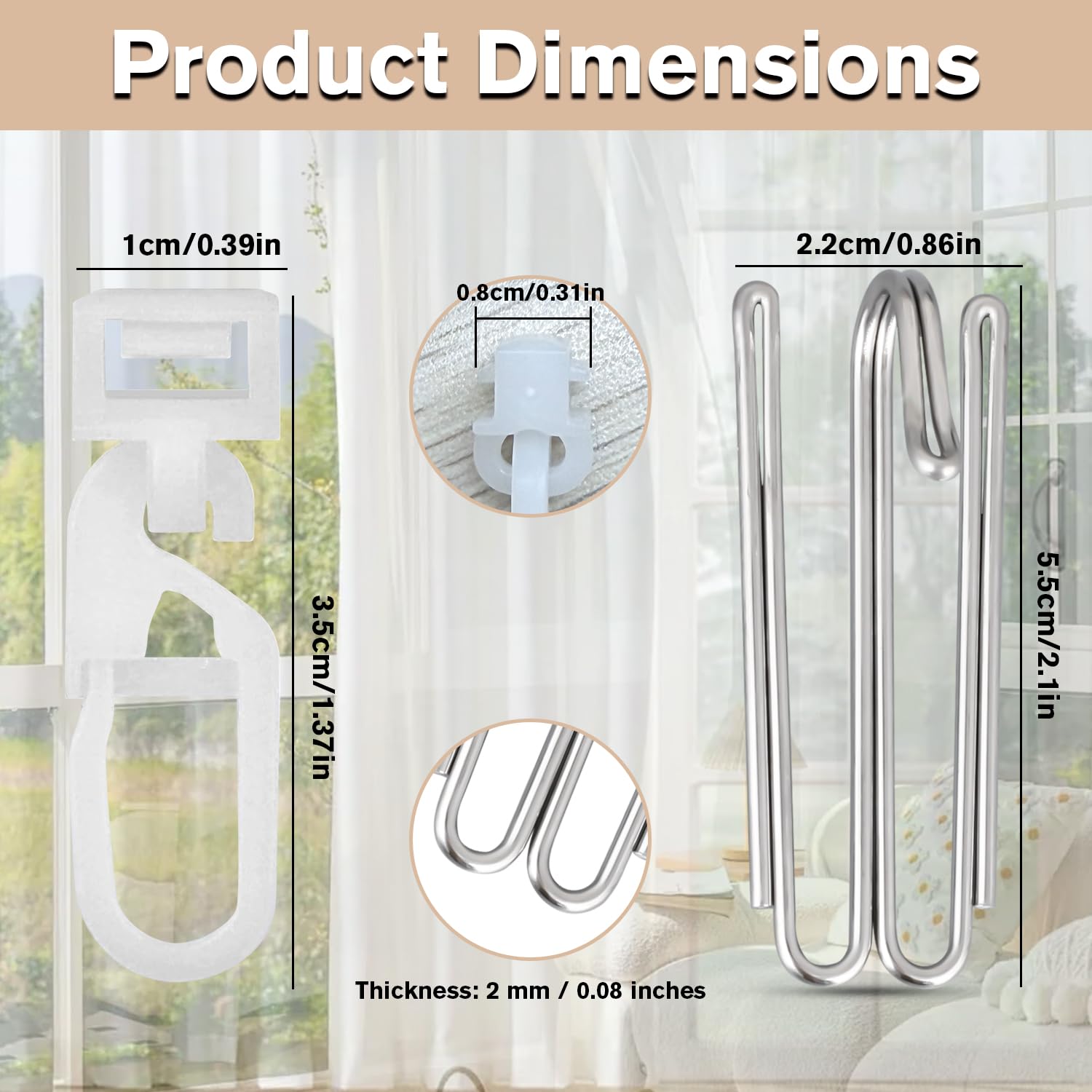 Set di 80 ganci per tende a 4 denti in acciaio inox, 40 ganci pieghevoli per tende, 40 ganci per tende, ganci per tende, accessori decorativi (5,8-7 mm)