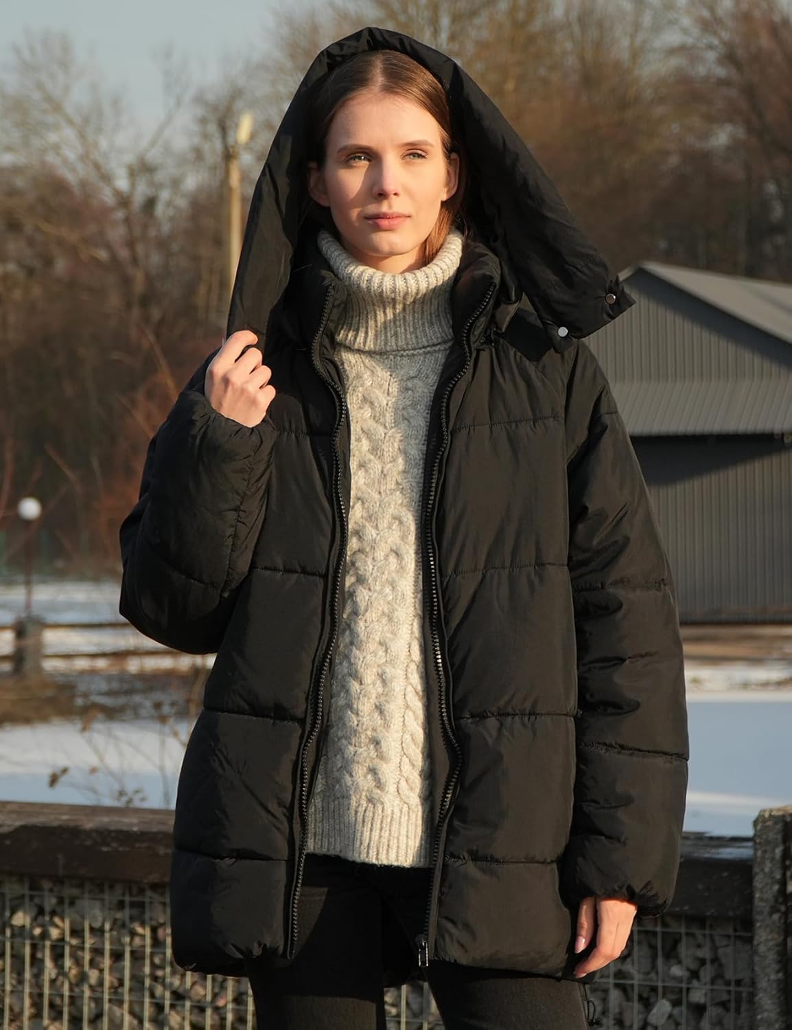 Flygo Womens Hooded Quilted Puffer Jacket Mid-Length Padded Warm Winter Heavyweight Coat Outerwear - Image 3