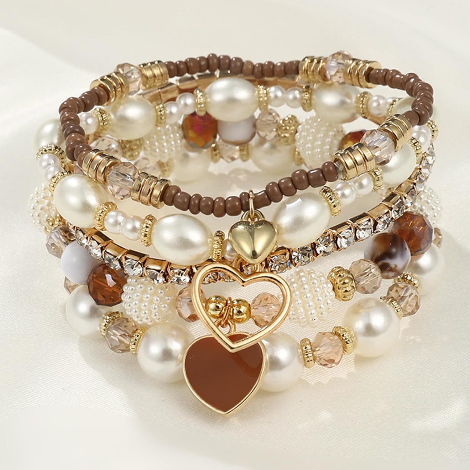 Bohemian Multilayered Faux Pearl Beaded Heart Pendant Crystal Zircon Stackable Multicolor Bracelets Set for Women Handmade Friendship Summer Beach Stretch Bangle Jewelry - Image 2