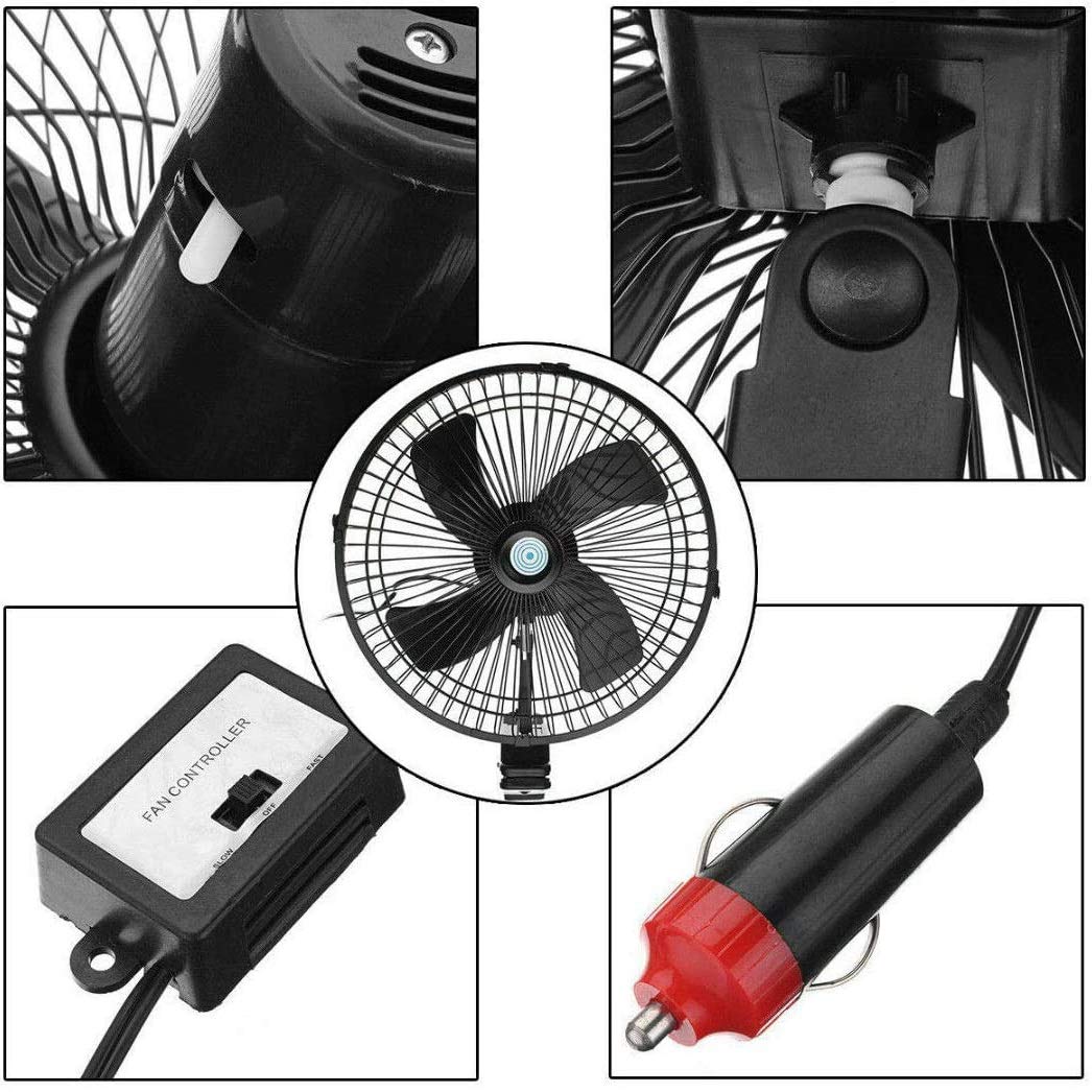 Ventilador EléCtrico de Coche de 10 Pulgadas y 12 V Ventiladores de Enfriamiento Oscilantes de Velocidad Ajustable con Clip para Coche CamióN Viaje Casa