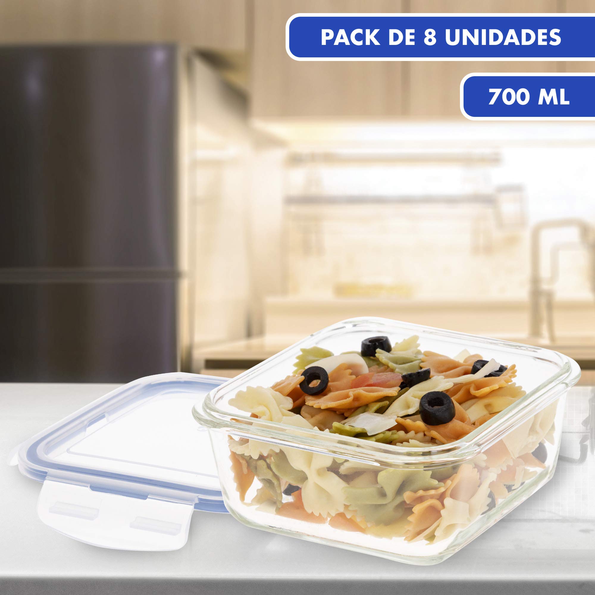 AKTIVE Max Home - Pack 8 Recipientes Herméticos de Vidrio, táper Cristal Apto para Microondas, Envases para Comida con Cierre, 700 mililitros, Tapas transparentes, Contenedor de Alimentos (16539)