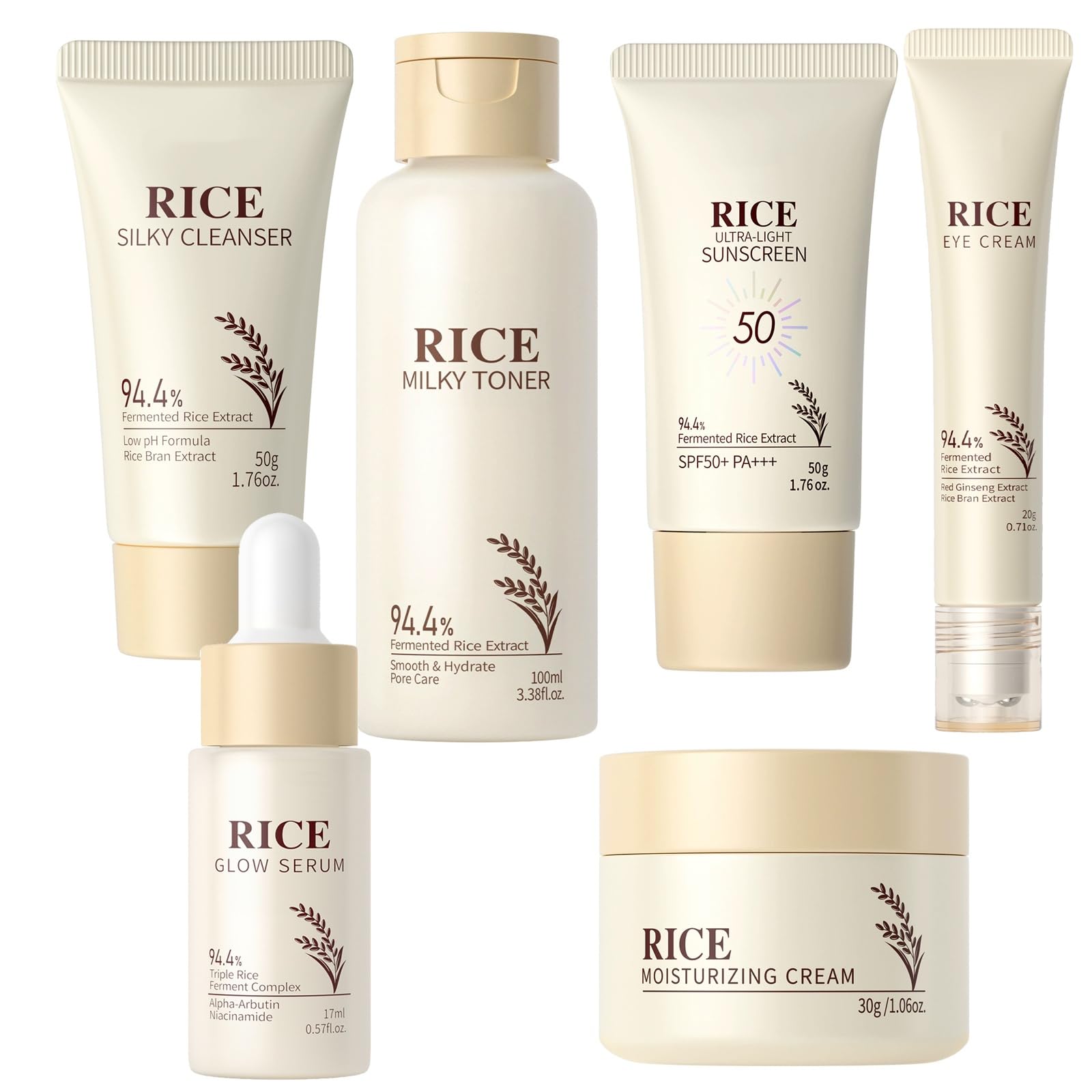 Moisturizing Skin Care Set Korean Skin Care Set with Rice Cleanser, Toner, Serum, Eye Serum, Face Cream, Sunscreen - Radiance Glowing Skin 6-Step Routine Hyaluronic Acid & Ceramides, All Skin Types