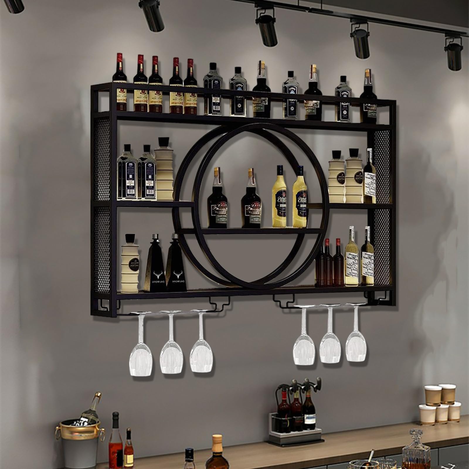 Étagère à vin murale avec LED : bar élégante en fer pour bouteilles d'alcool et verres suspendus