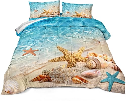 Miniatura 4 de Bedbay Juego de edredón de playa tamaño Queen, diseño de estrella de mar, vida marina, turquesa, océano, juego de ropa de cama de microfibra suave,