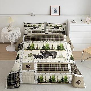 Rustic Bear Quilts King Size,Rustic Farmhouse Wooden Wild Animal Comforter Set Black Bear Bedding Nature Woodland Camping Duvet Insert,Patchwork Buffalo Plaid Cabin Decor for Kids Boye Girls Adults