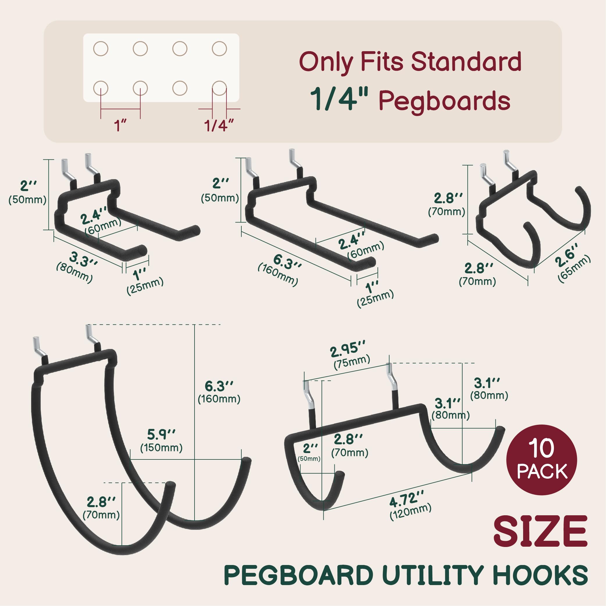 Pegboard Hooks - 10 Pack Heavy Duty Tool Holders -2