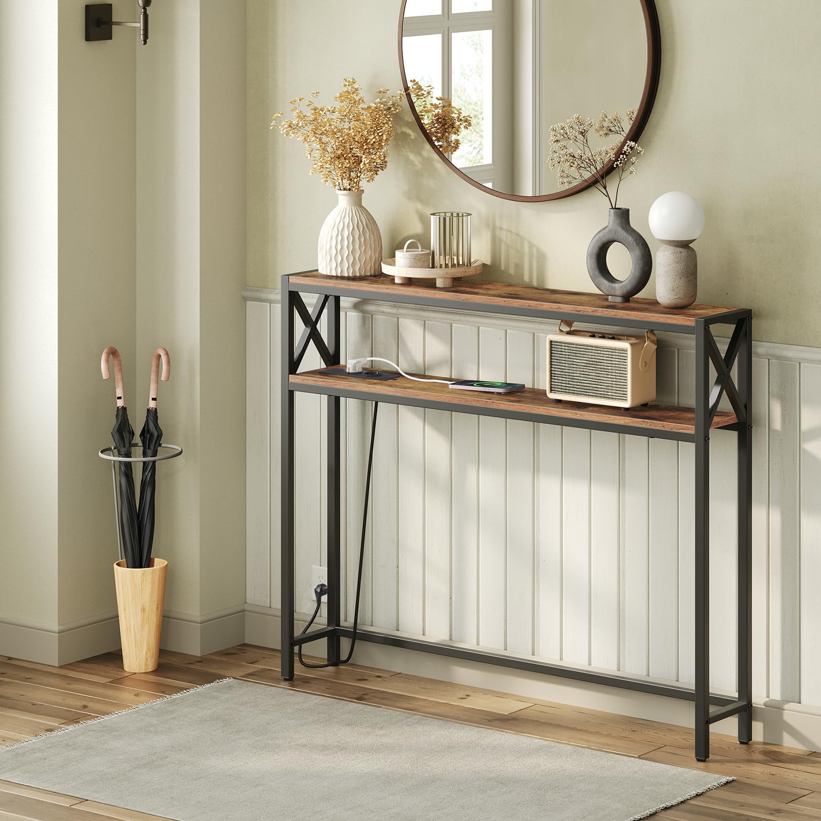 MAHANCRIS Mesa de Entrada Doble de 100 cm, Table Console con 2 Enchufes y 2 Puertos USB, Consola Auxiliar Pequeña, Mesa para Pasillo con Estantes, para Pasillo, Vestíbulo Marrón ACTHR115UE01