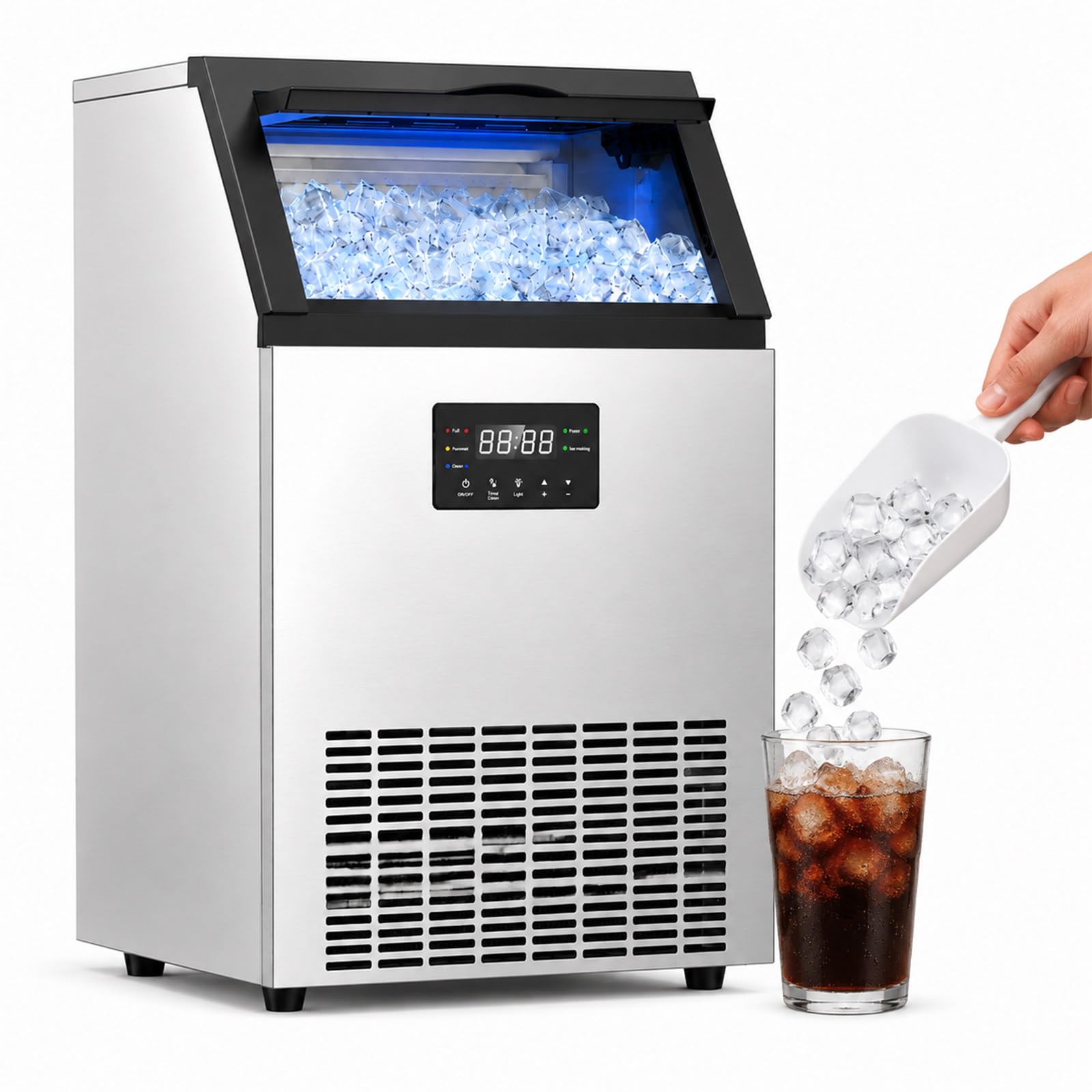 Machine à Glaçons Commerciale 45-60kg/24H,Acier inoxydable,Ice Maker Professionnel,Capacité 15kg,45-60 Cubes/8Min,Nettoyage Automatique,Minuterie, à Encastrer ou à Poser,pour Bar Café 45IceCubes