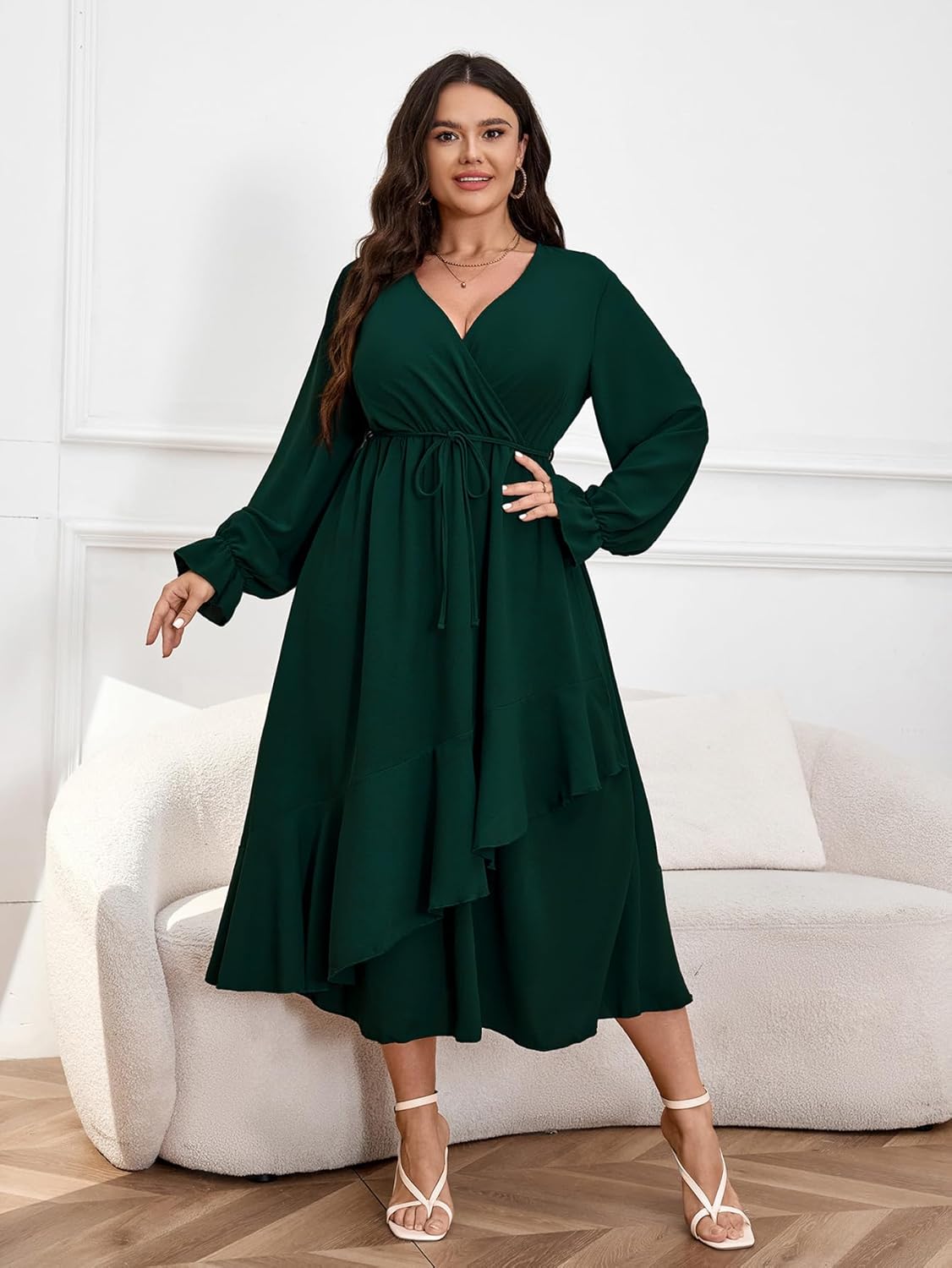 Womens Plus Size Wedding Guest Cocktail Maxi Dress Faux Wrap V Neck Long Sleeve Ruffle Hem Split Long Dress - Image 2