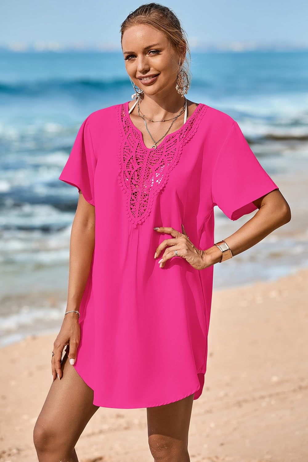 Supnier Women's Bathing Suit Cover Up Dress Lace Crochet V Neck Summer Beach Bikini Swimsuit Coverup - Image 4