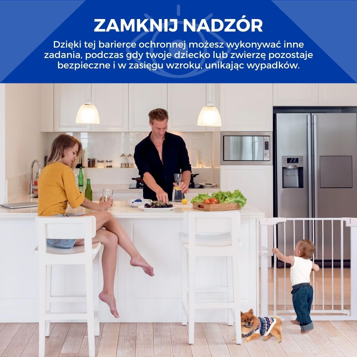 Mobiclinic® kids, Barierka bezpieczeństwa dla dzieci i zwierząt domowych, Raily, Automatyczne zamykanie, Podwójne otwieranie, 75 do 82 cm, Montaż wciskany bez otworów, Schodów drzwi