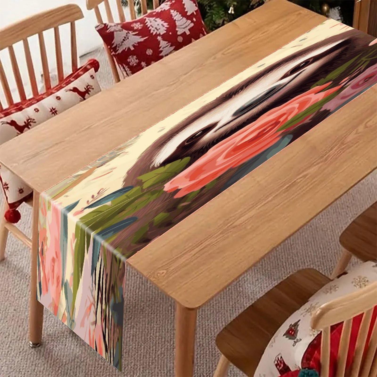 Adfgyerh Style Sloth And Flowers Table Runner，Pure Linen Chambray ,Boho Table Runner，Heavy Duty Washable Fabric Decorations ，For Party Kitchen Dining Table Coffee Holiday Party Decor (12X70.87 Inches)