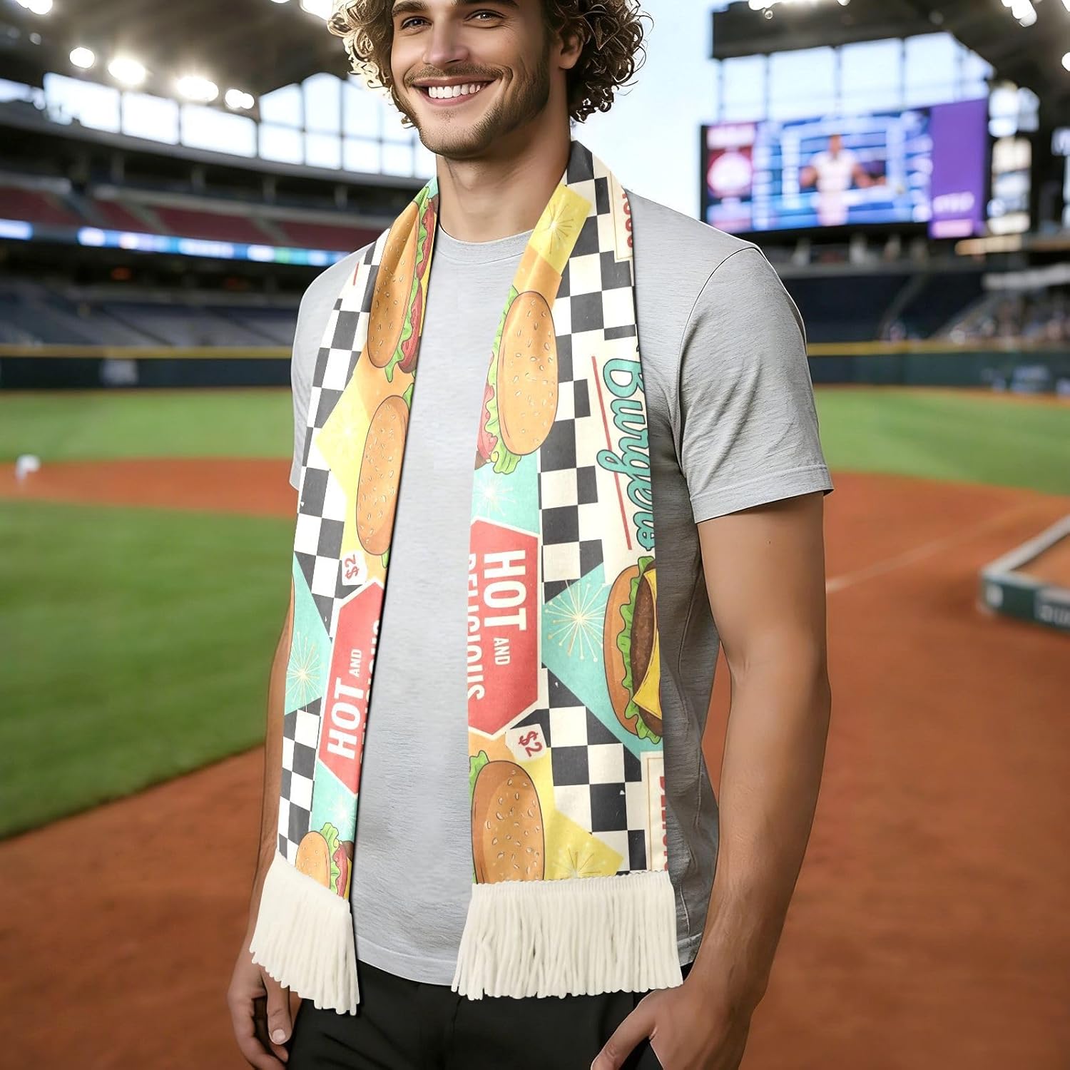 CHIFIGNO Retro Hamburger Plaid Sports Fan Scarf White, Soft Polyester Soccer Scarf, Quick Dry Sweat Towel, Game Day Banner, Match Cheer Accessory