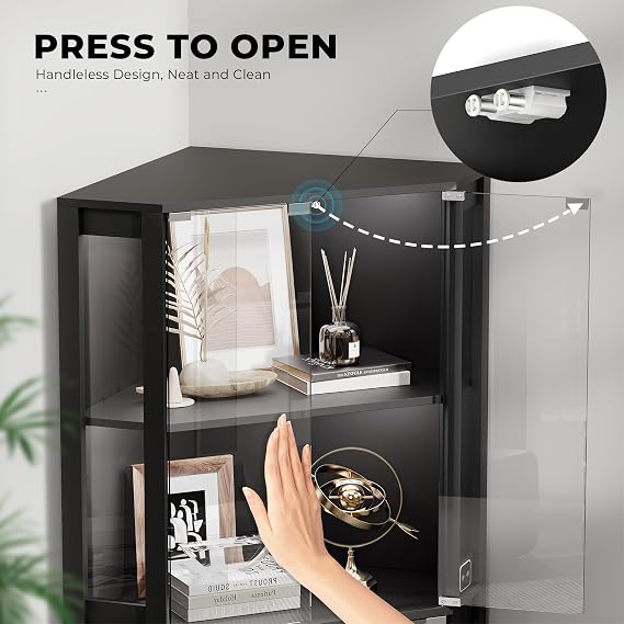 BROTTAR Corner Display Cabinet with Glass Doors, 65 Lighted Curio Cabinet with 3 Color LED Lights for Collectibles, 4-Tier Showcase Display Case with Human Body Sensor for Toys, Books, Black