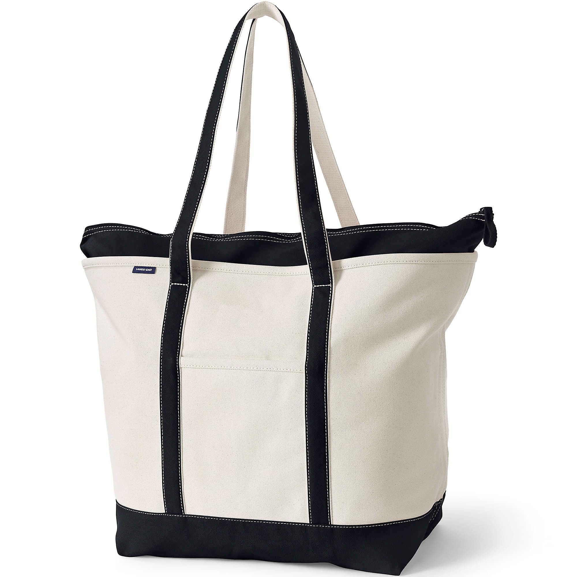 Lands' End Zip Top Canvas Tote Bag | 100% Cotton Canvas, Five Pockets, Key Strap, Water-Resistant Base, Stands Upright, Beach Bag, Travel Tote, Grocery Tote Natural/Black Medium Regular Handle