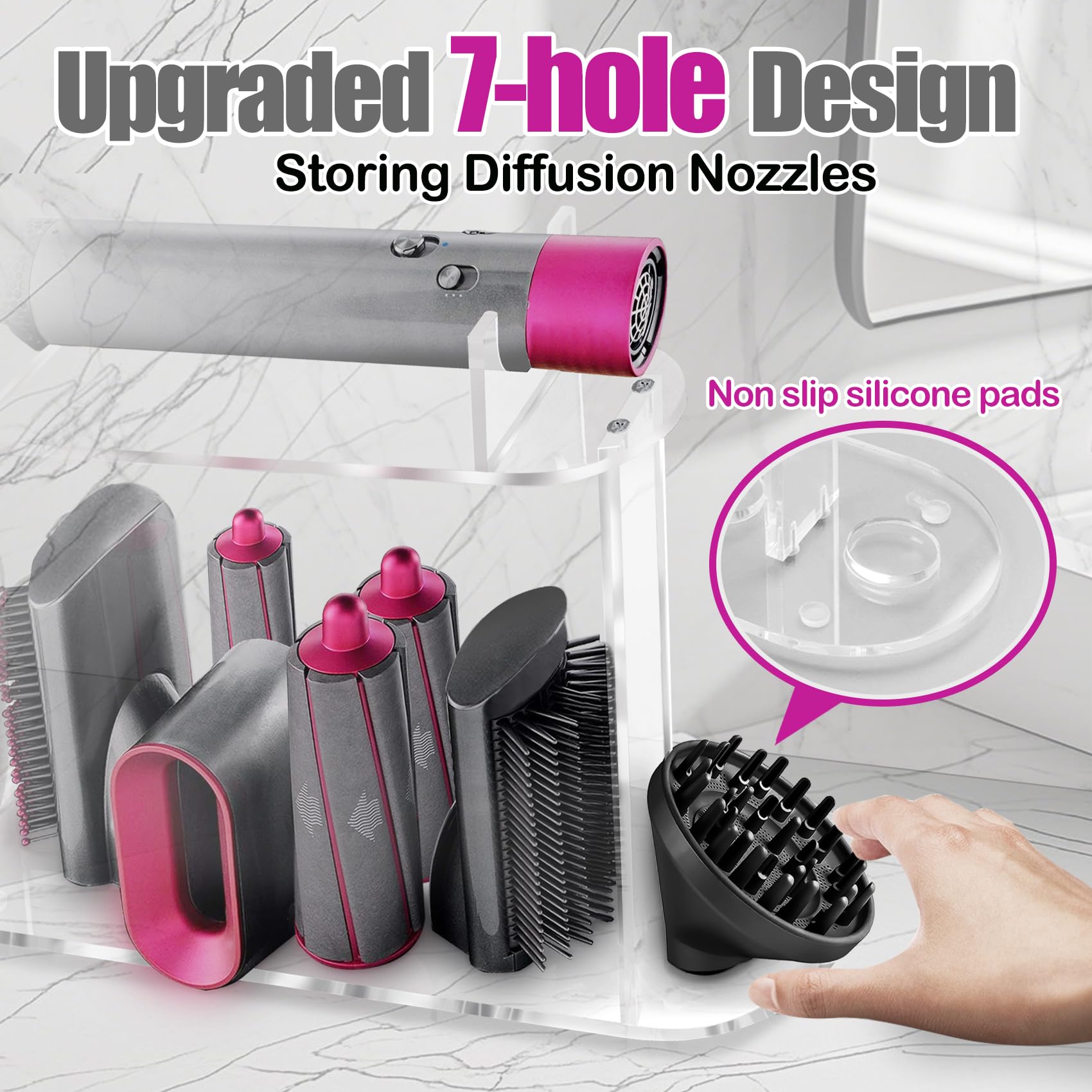 Upgraded Airwrap Storage Stand Use for Dyson Airwrap Attachments, 7-Hole Storage Holder Stand Compatible with Dyson Airwrap, Acrylic Airwrap Accessories Organizer, for Bathrooms and Makeup Table