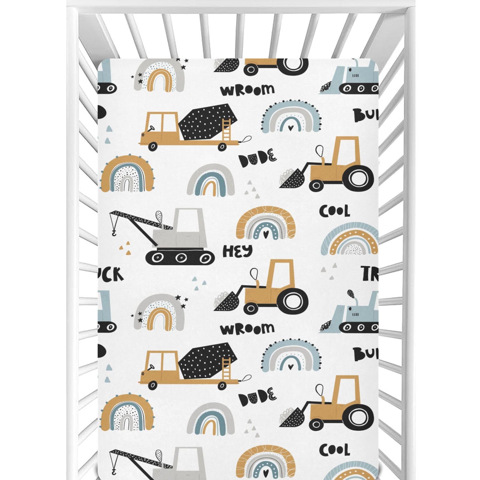 CaTaKu Crib Sheets for Baby Boys Girls Cars Rainbows Trucks Fitted Sheets for Mini Crib, Toddler Bed Nursery Mattresses Sheet for Baby, 28"x 52"